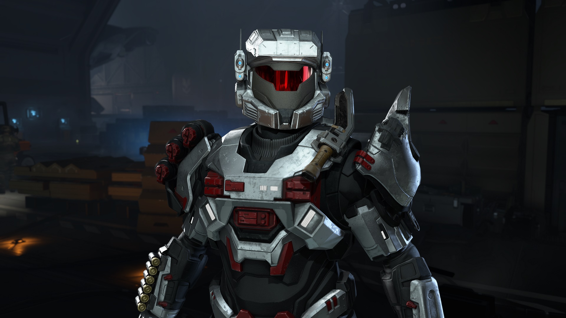 Halo Infinite screenshot of a Spartan with multi-use shoulder pads and the helmet of Riz-028