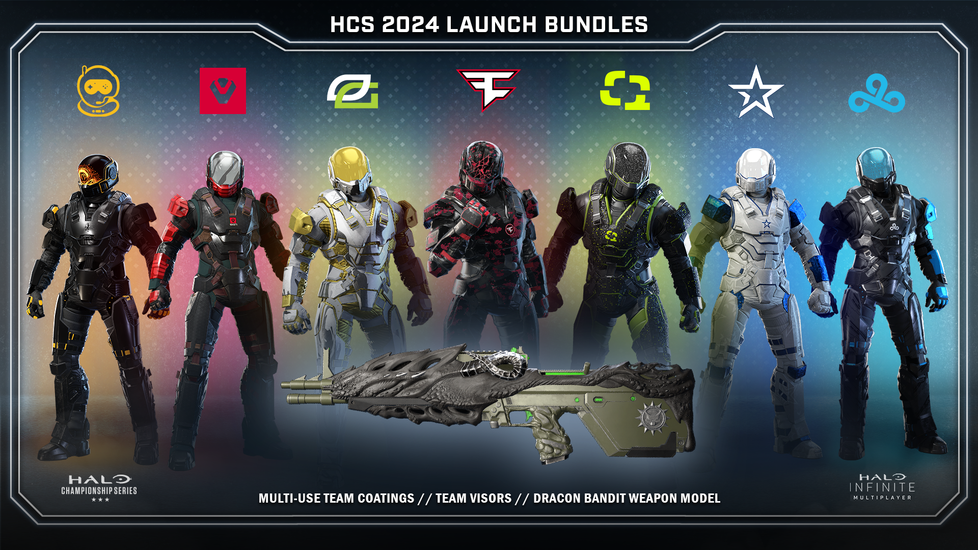 Halo Infinite image of the HCS 2024 Launch Bundles for partner teamss. Text reads: "Multi-use team coatings / team visors / Dracon Bandit weapon model"