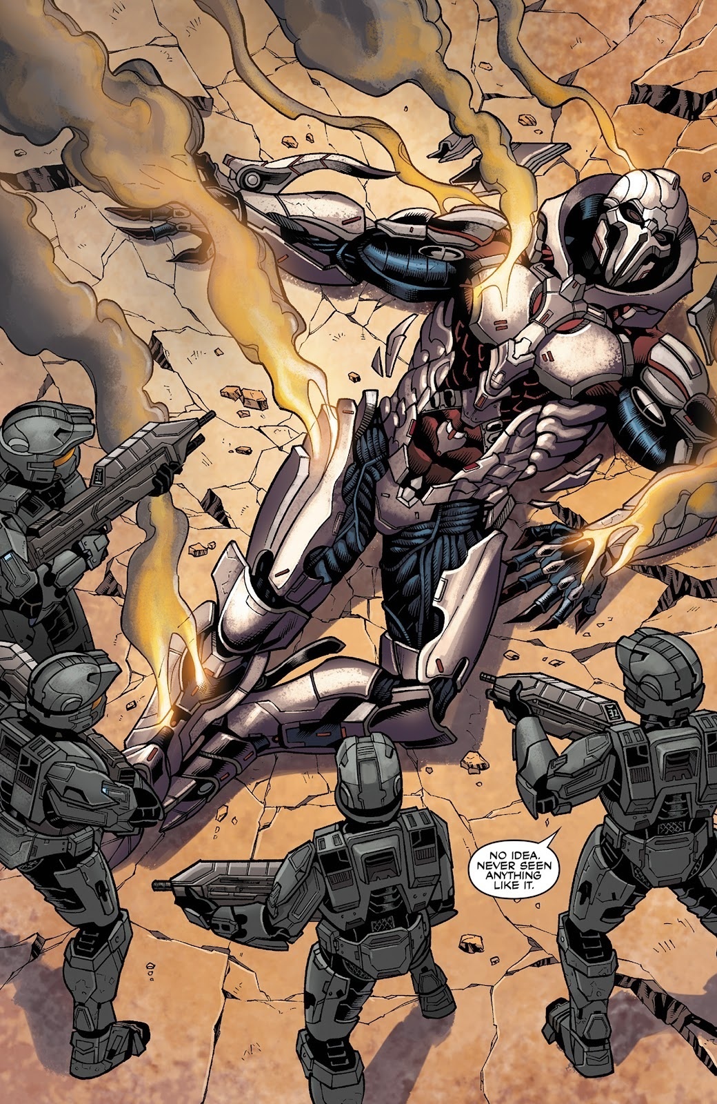 Halo: Escalation comic panel of Black Team finding the Didact unconscious on Gamma Halo