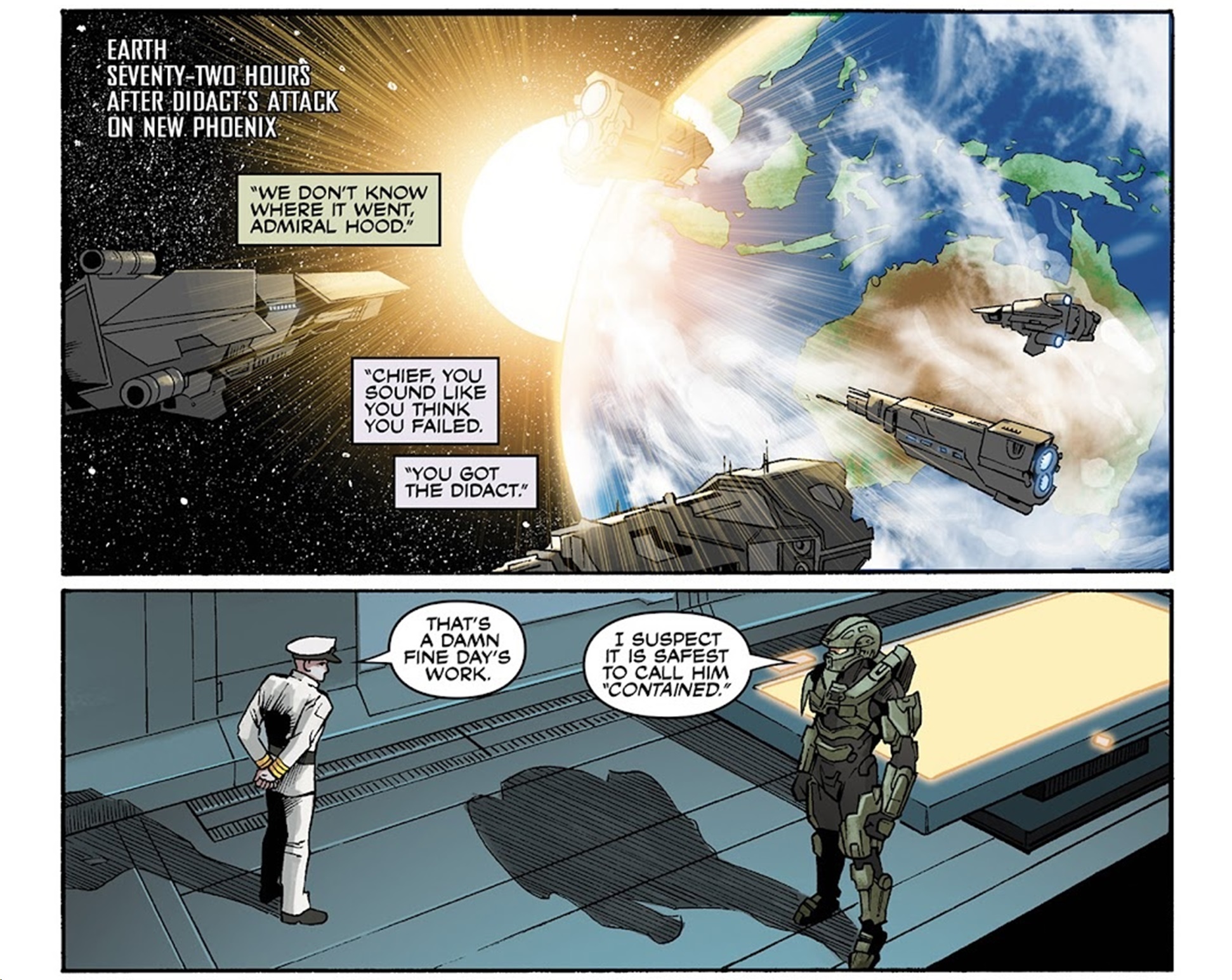 Halo: Escalation comic panel of the Master Chief informing Lord Hood that the Didact has been contained