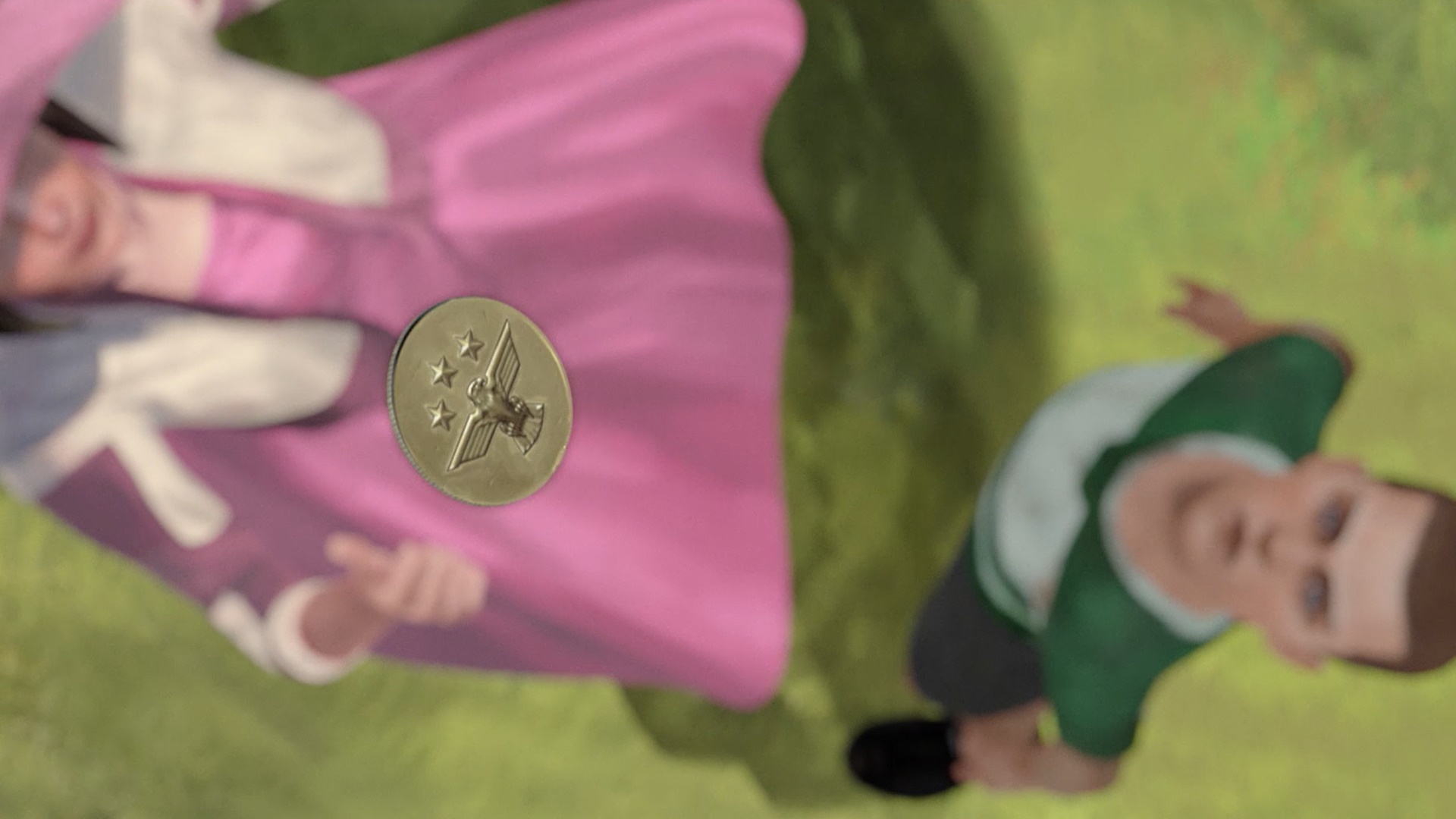 Image from the Halo: Fall of Reach animated series showing Dr. Halsey tossing a coin for a 6 year old John