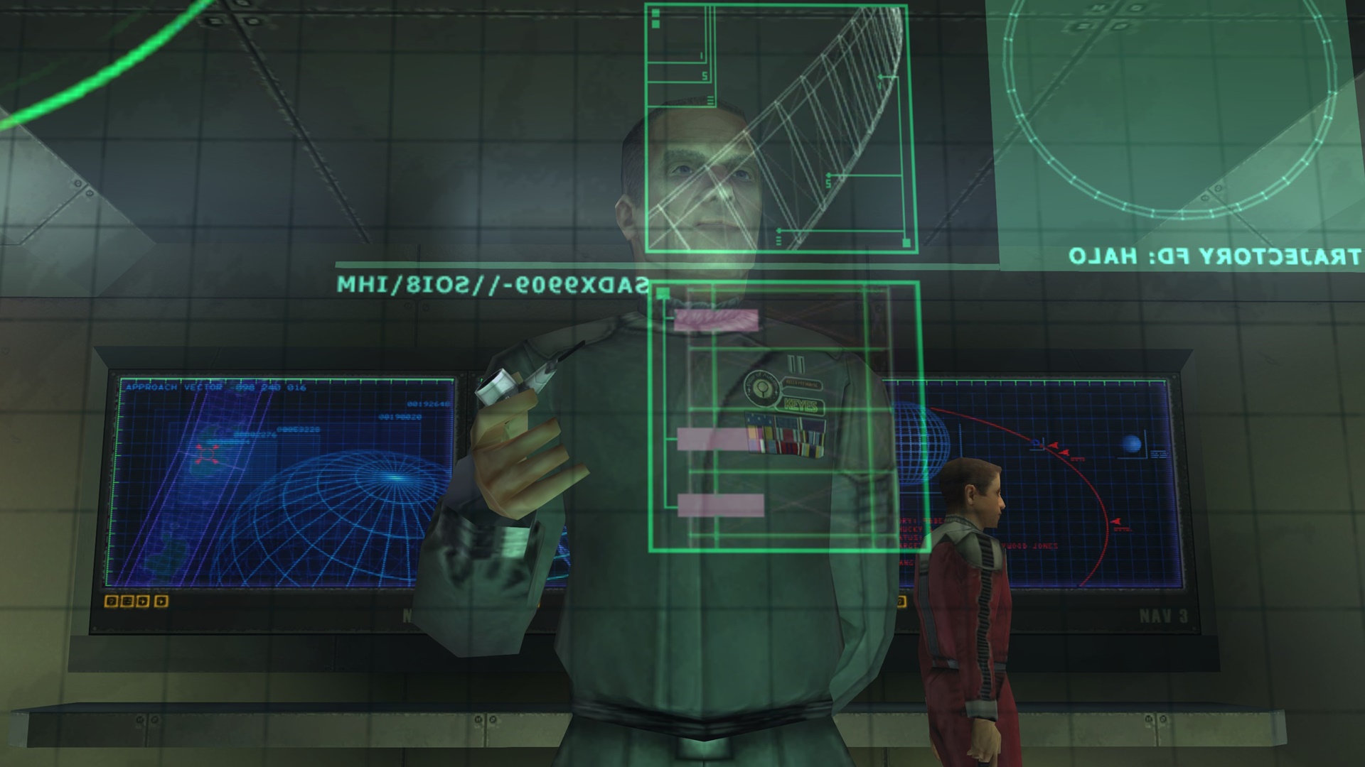 Halo: Combat Evolved screenshot of Captain Keyes holding his grandfather's pipe