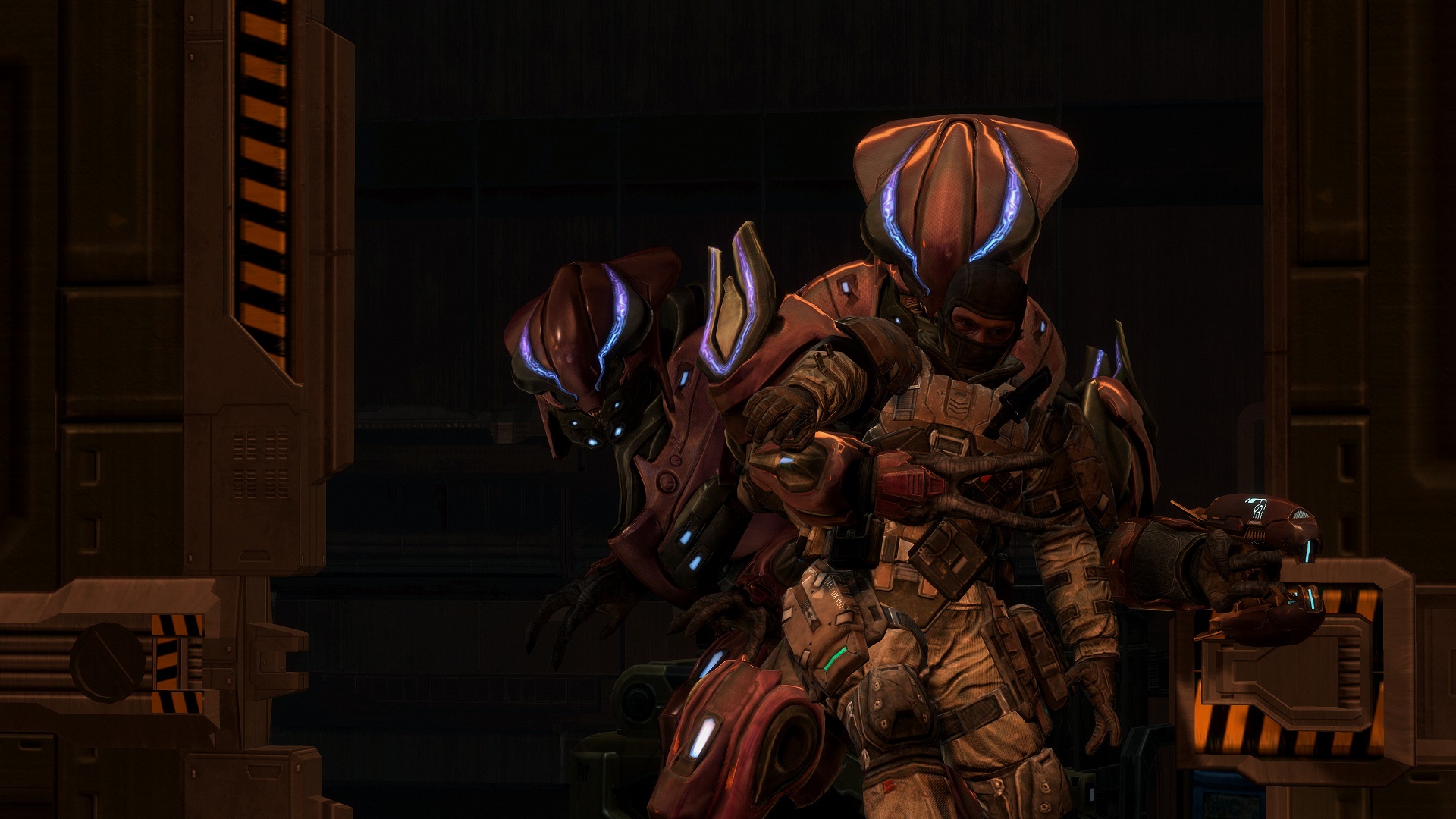 Halo: Reach screenshot of two Sangheili Zealots, one of whom is holding a UNSC Army trooper hostage