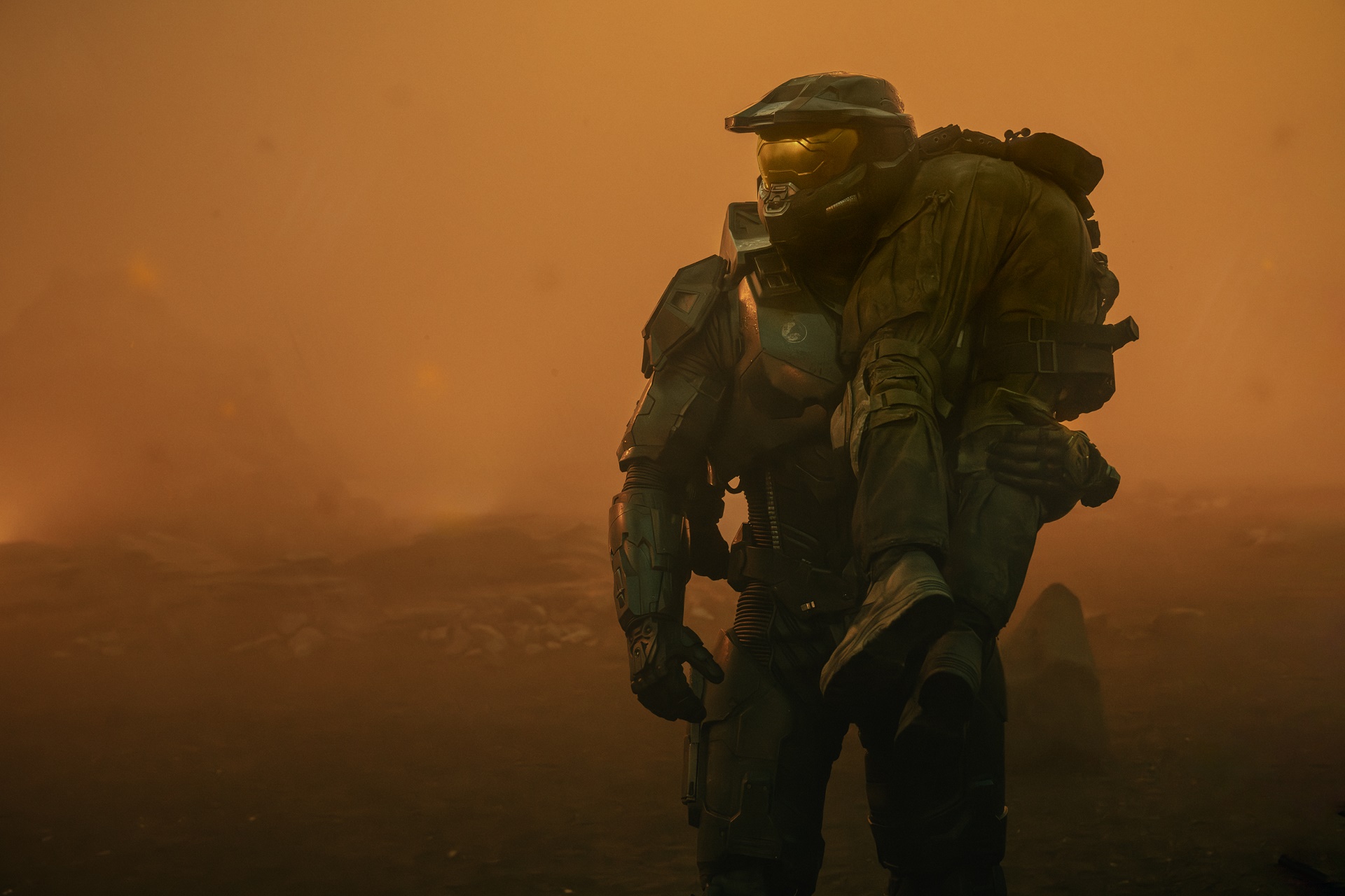 Halo The Series image of the Master Chief carrying Corporal Perez over his shoulder