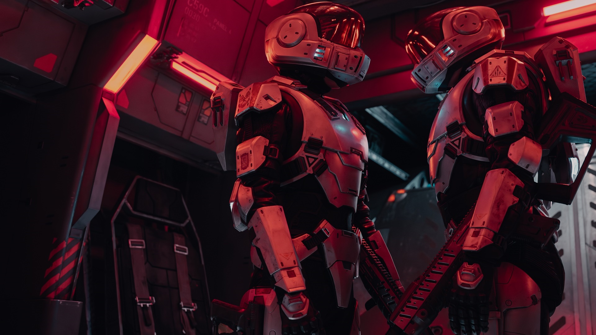 Image of two Spartans in a Condor's troop bay in Halo episode 6, Season 2, Streaming on Paramount+. Photo Credit: Adrienn Szabo/Paramount+