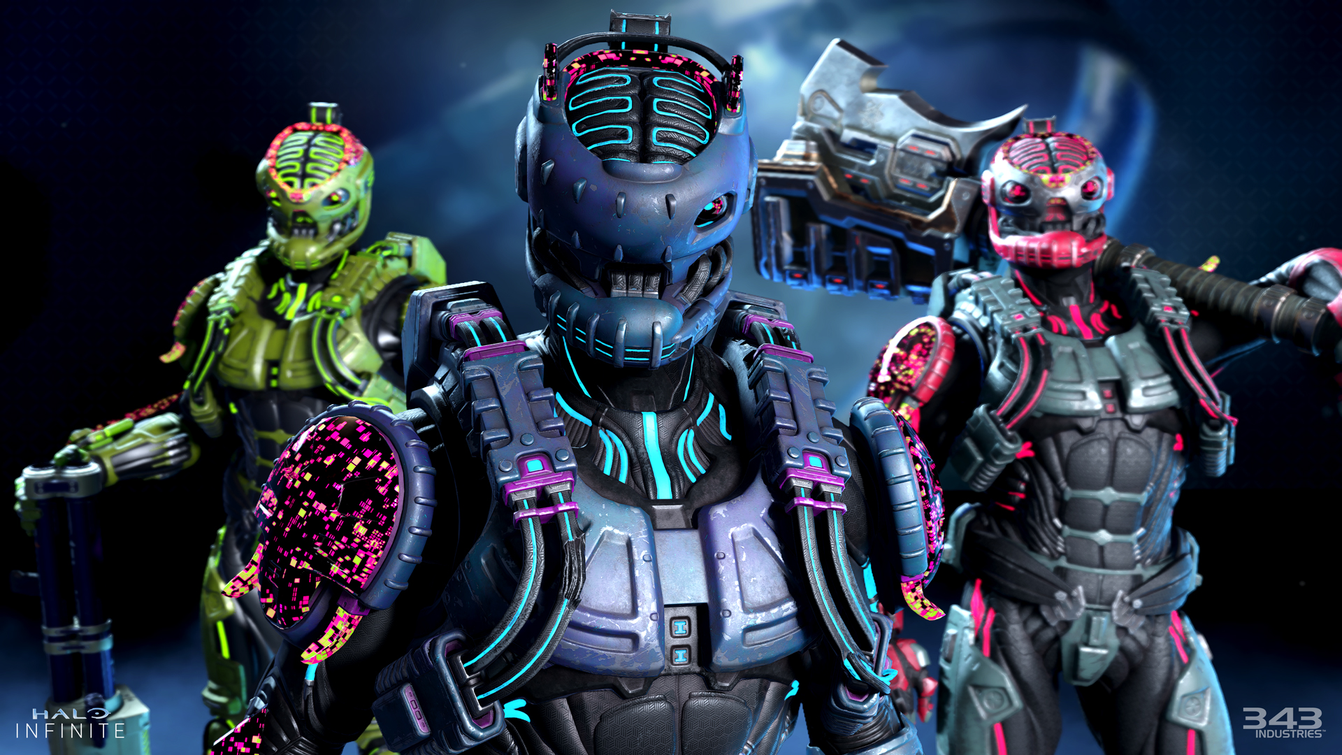 Halo Infinite image of three Executors clad in Cyber Showdown III customization