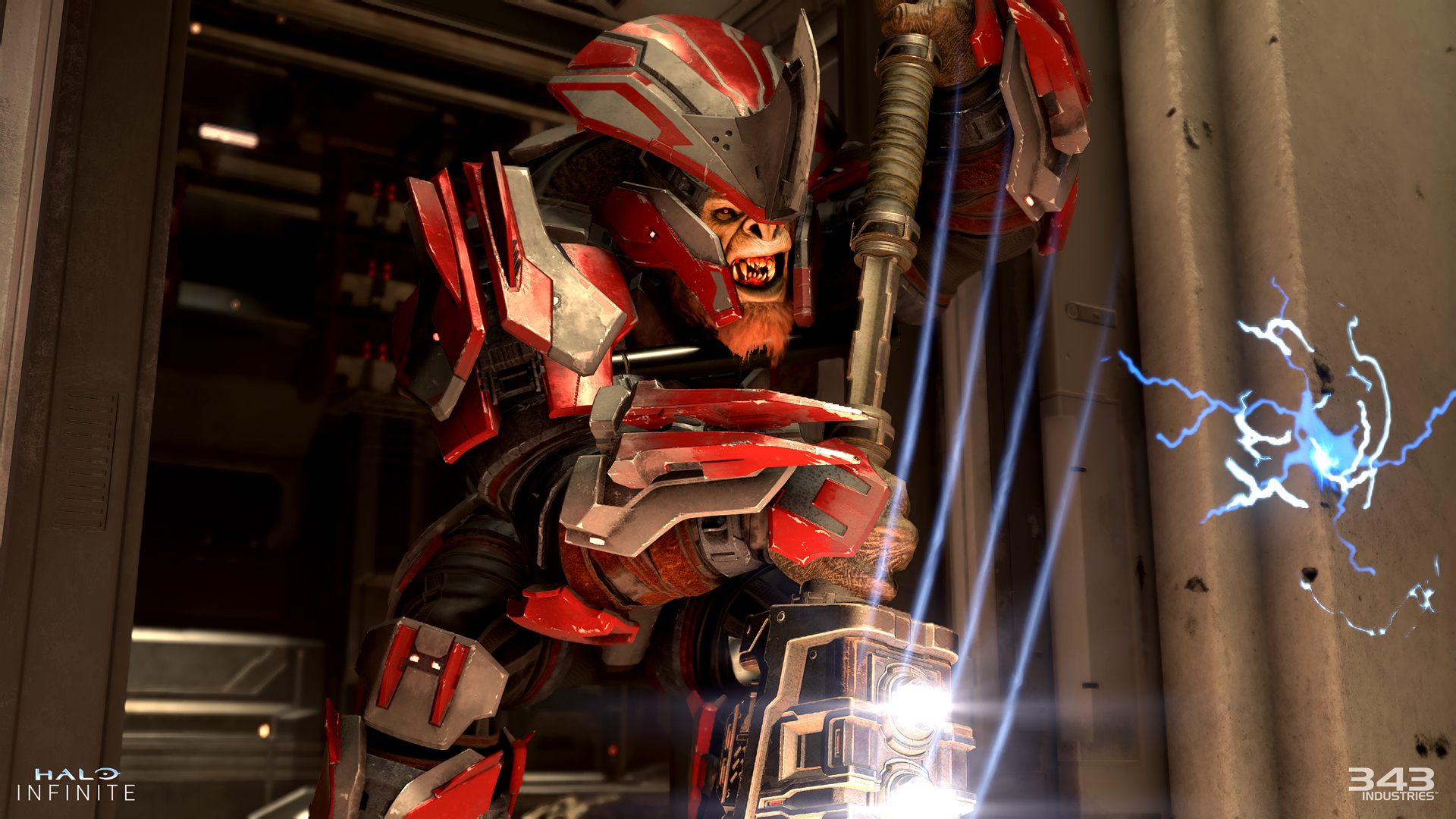 Halo Infinite screenshot of a Brute Chieftain wielding a gravity hammer in Firefight