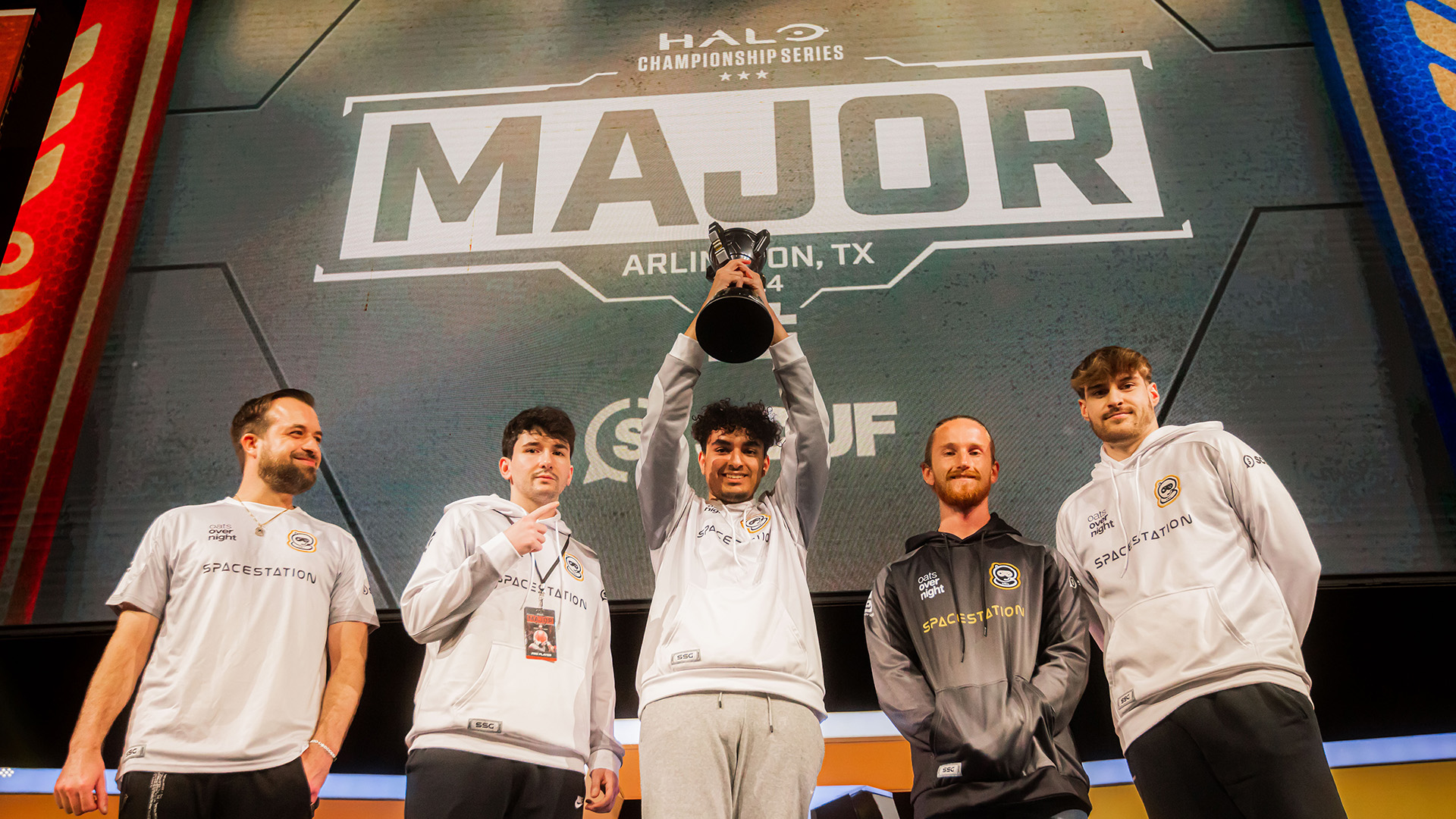 Halo Championship Series Major Arlington 2024 Champions, Spacestation Gaming, hoisting the trophy on the mainstage.