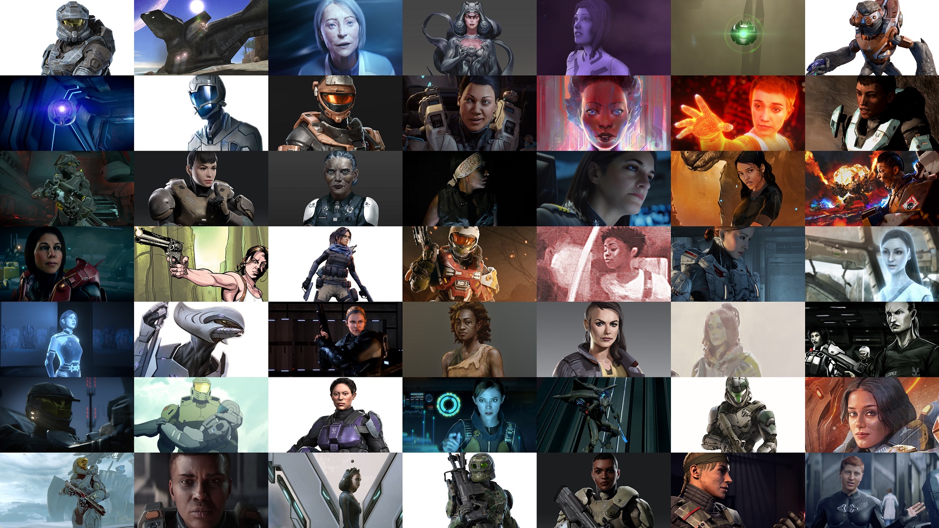 Women's History Month 2024 collage featuring forty-nine female Halo characters