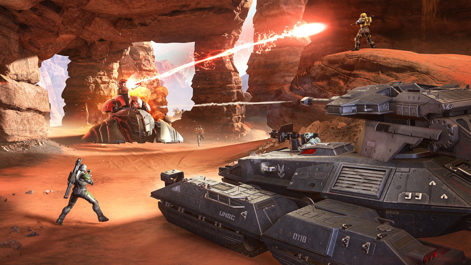Εικόνα Halo Infinite του BTB Heavies που δείχνει έναν Scorpion και τον Wraith να πυροβολούν