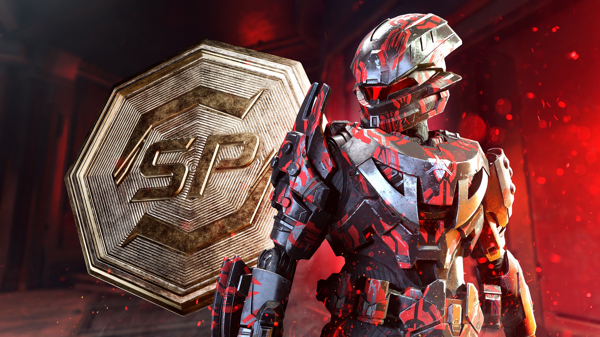Halo Infinite image of a Spartan outfitted in Banished-themed armor next to a Spartan Point "coin"