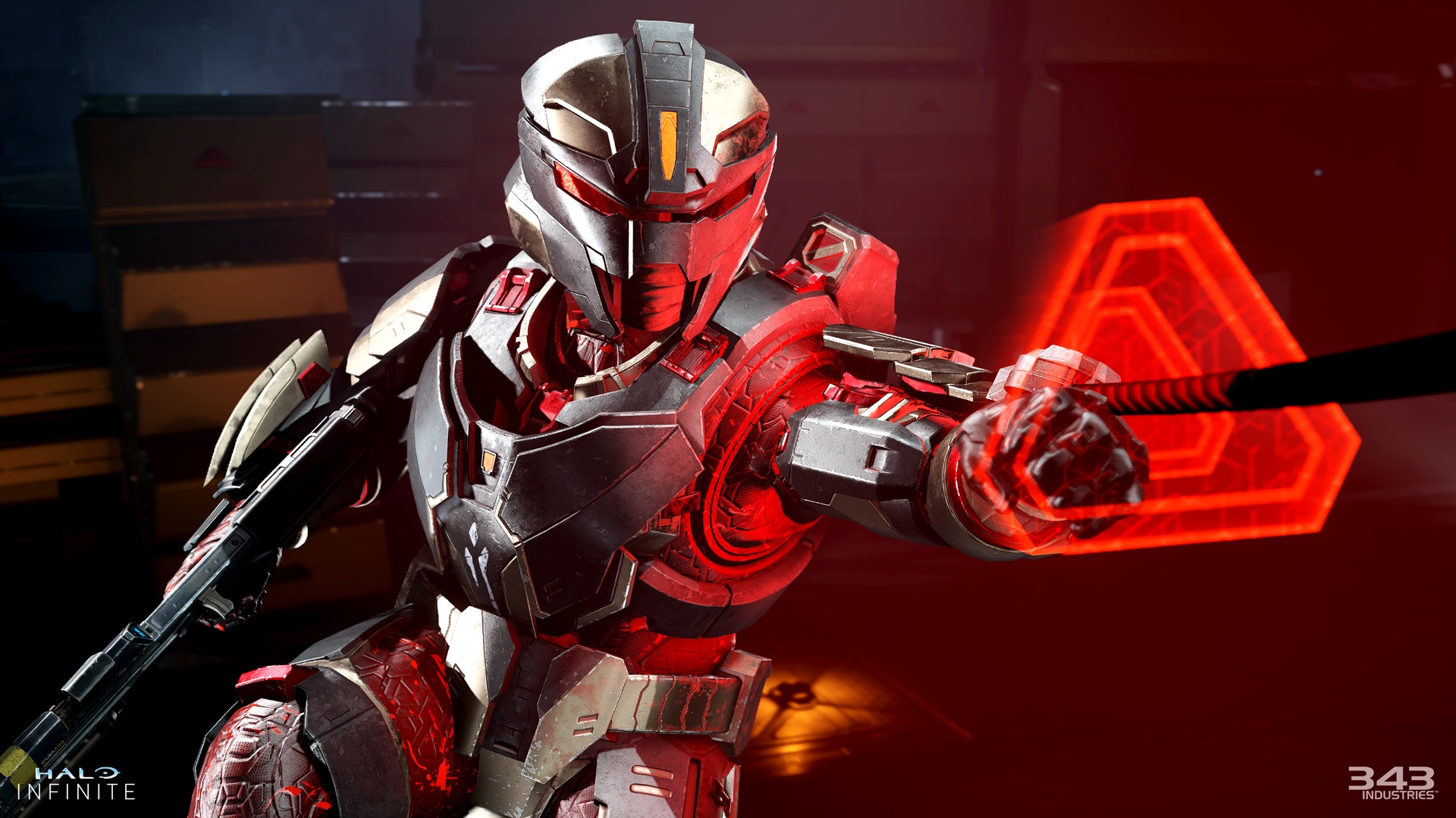 Halo Infinite screenshot of a Spartan in Banished-themed armor using the grappleshot