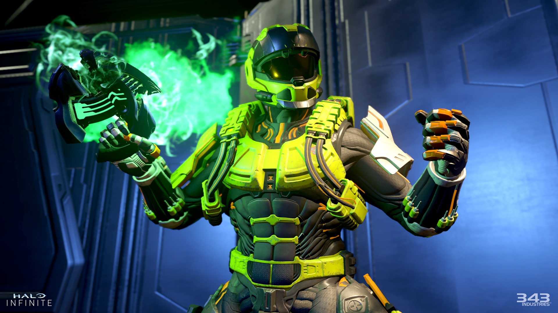 Halo Infinite screenshot of a Spartan after firing an overcharged Plasma Pistol