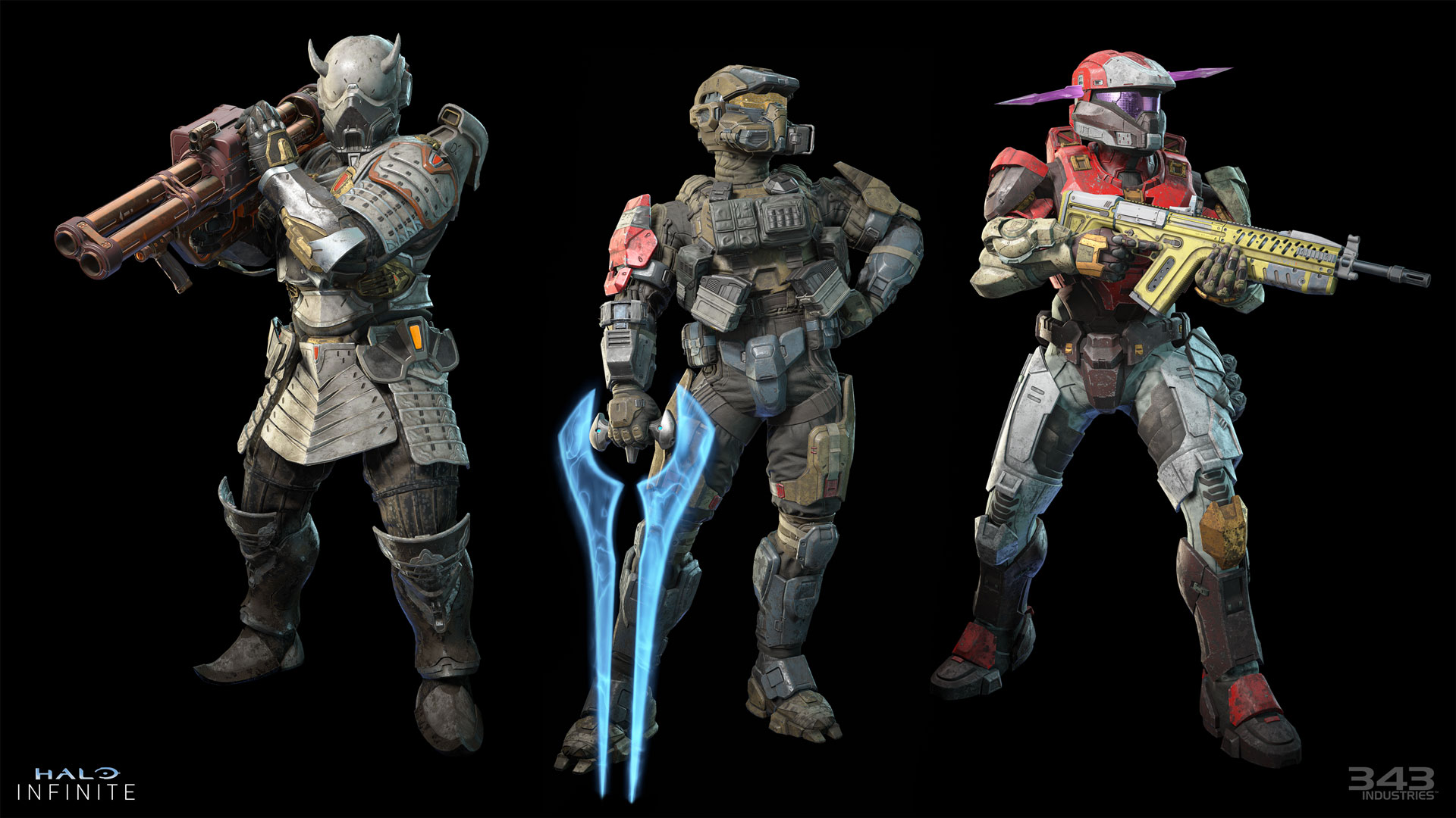Halo Infinite image of three Spartans clad in customization content from upcoming Operations