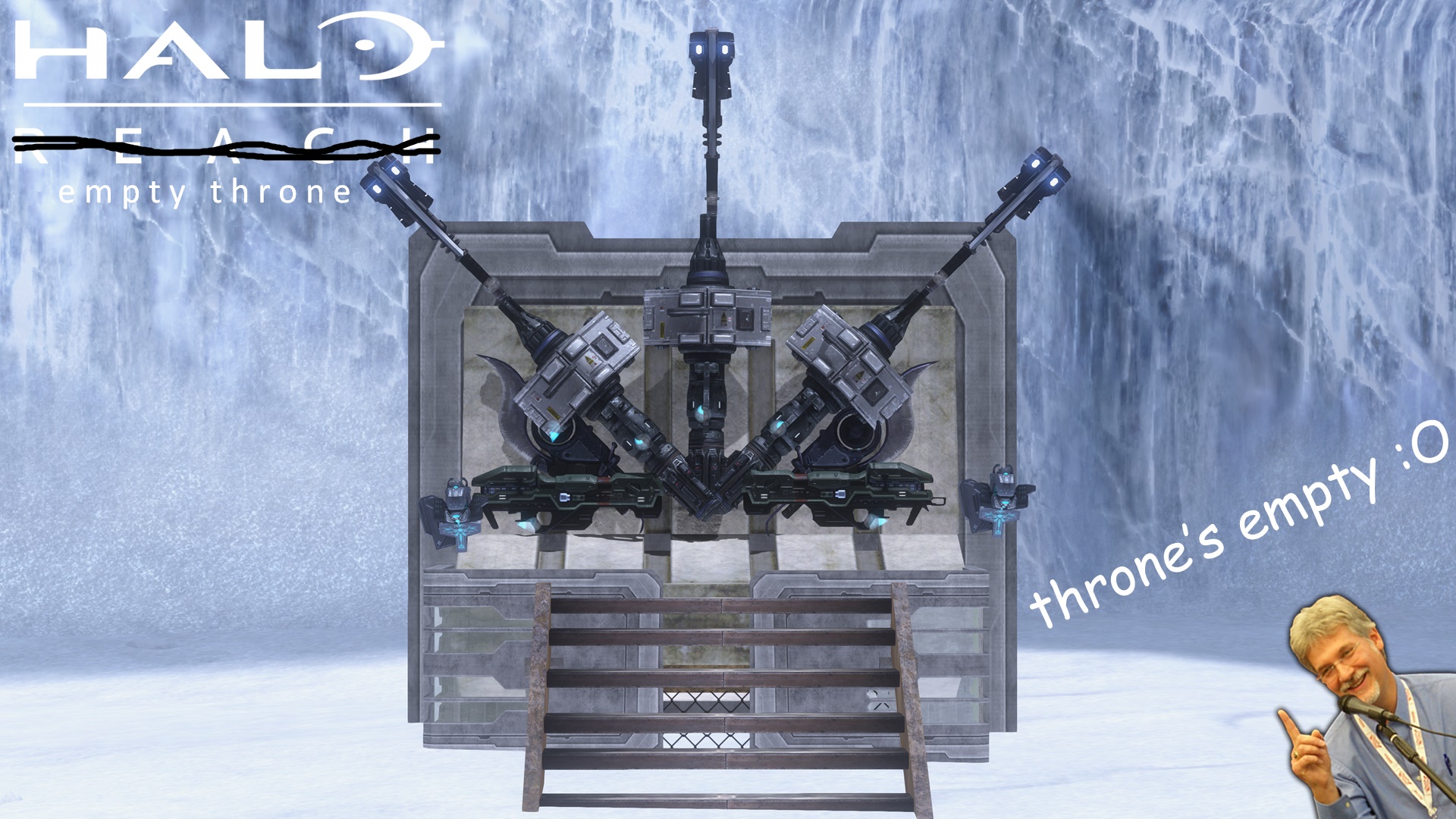 Mock cover of Halo: Empty Throne depicting a "chair" made on the Halo 3 map Avalanche with the Halo: Reach title crossed out and "Empty Throne" written beneath it in Comic Sans font along with Troy Denning in the bottom-right pointing at text that reads "throne's empty"