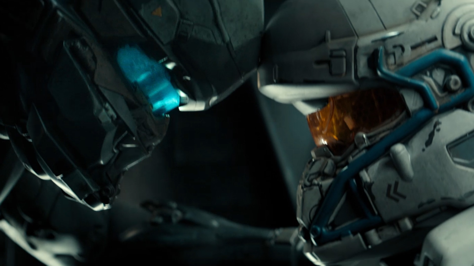 Trailer still of the Halo 5 ad "The Hunt Begins" showing Jameson Locke bumping helmets with Holly Tanaka