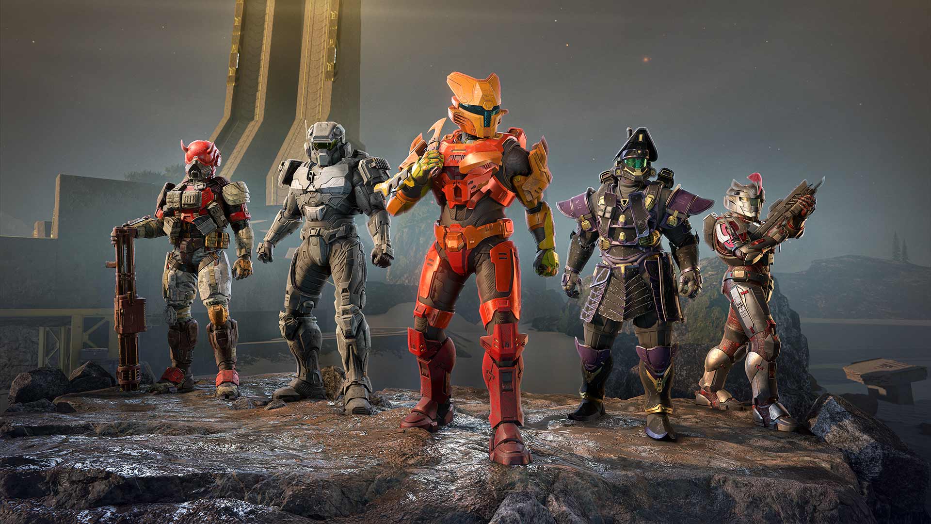Halo Infinite image of five Spartans in a V formation wearing armor coming in the upcoming Operations