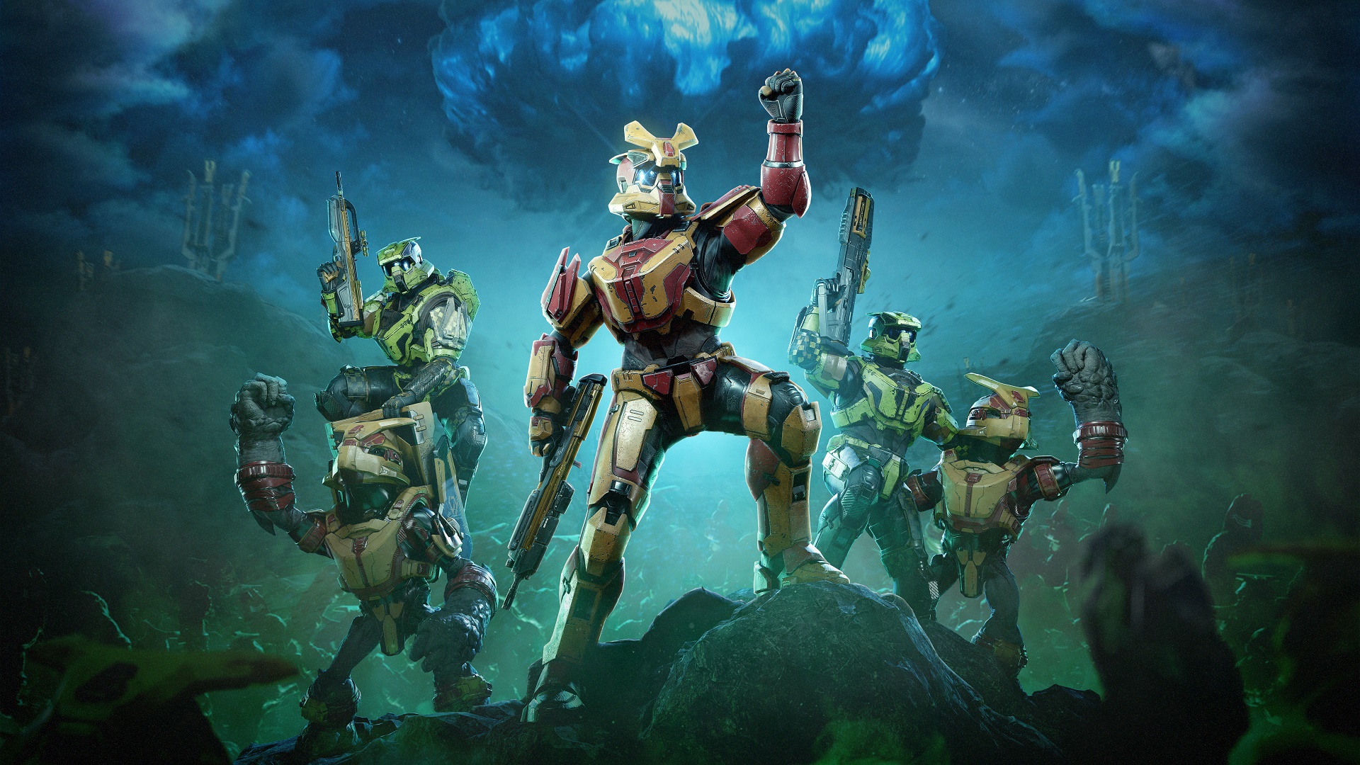 Halo Infinite key art for The Yappening II showing Spartans wearing new Operation customization rewards alongside Grunts and Glibnub's propaganda towers in a methane-rich environment