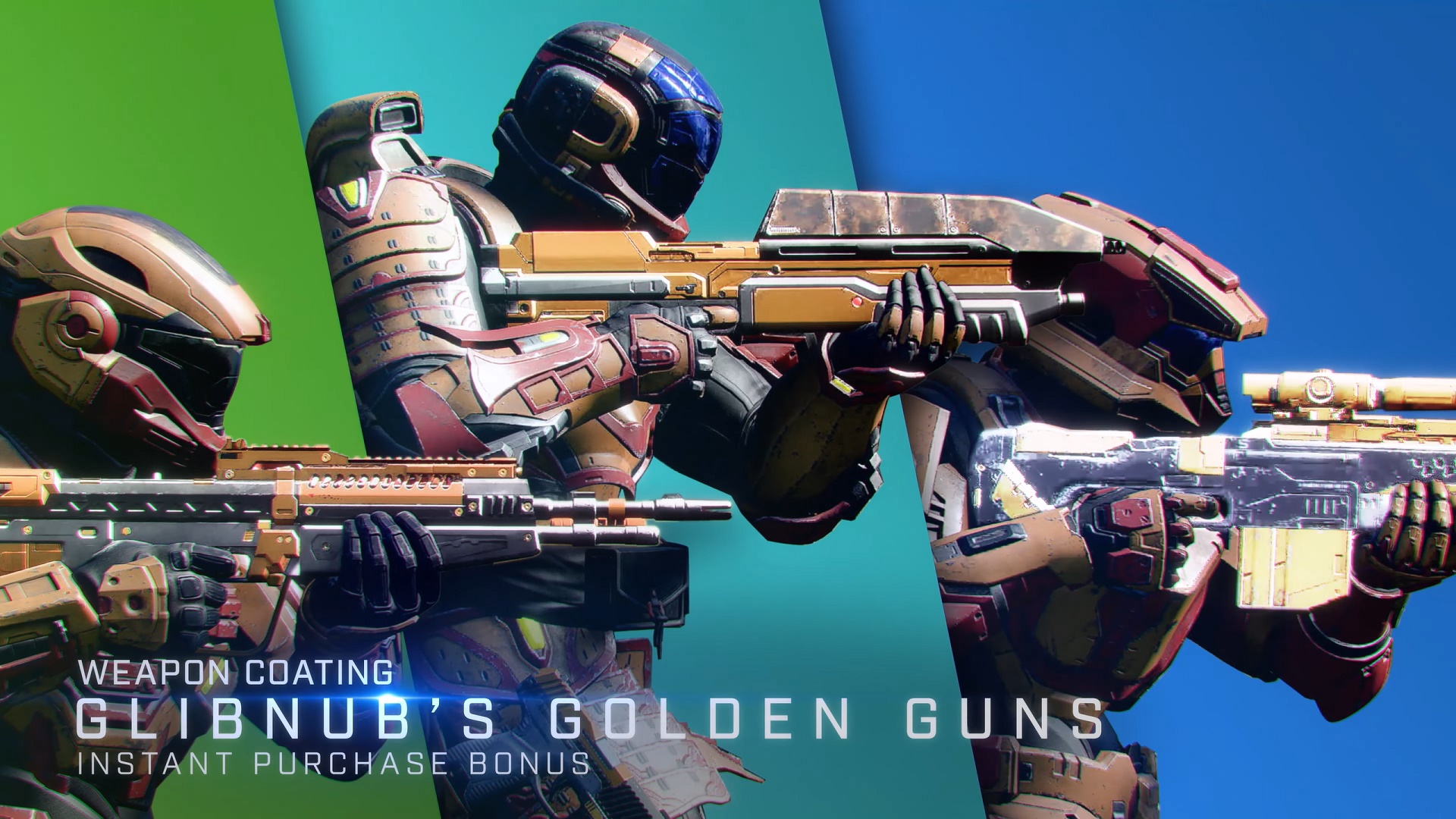 Halo Infinite image of three Spartans holding weapons with the weapon coating Glibnub's Golden Guns