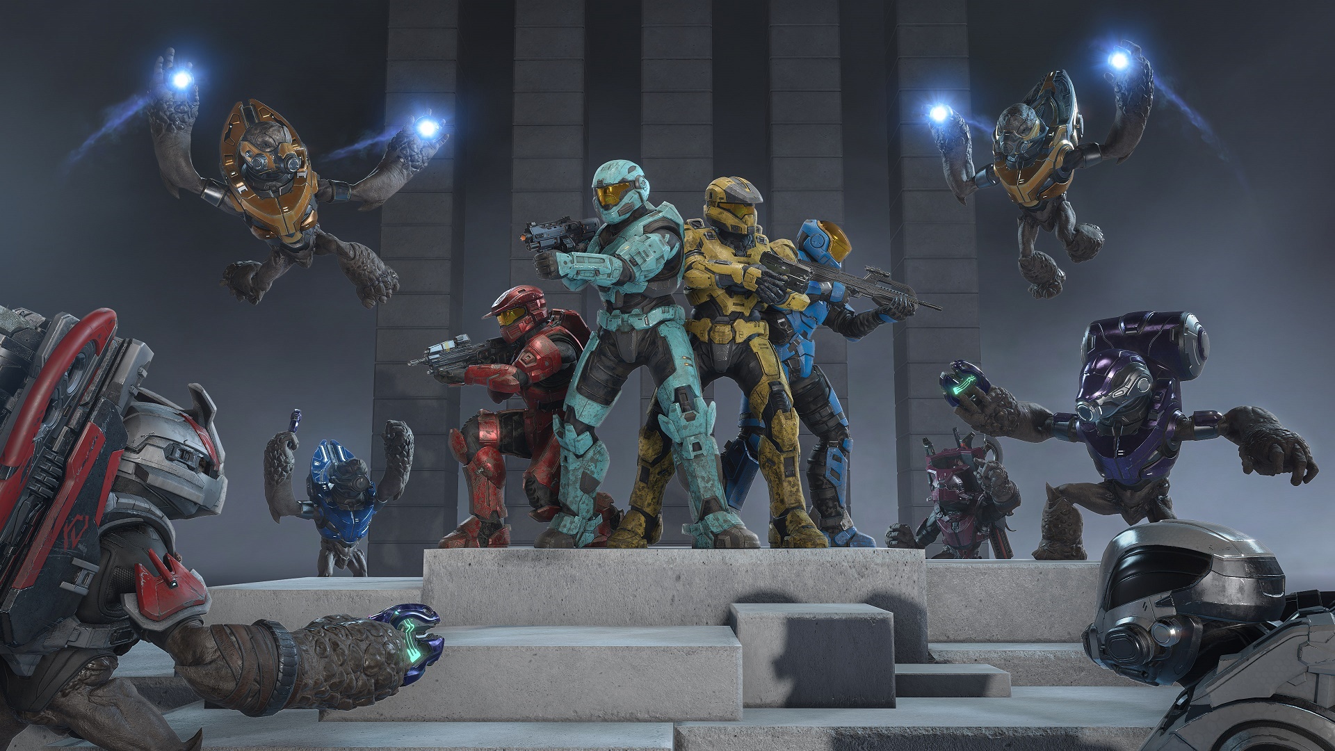 Halo Infinite image of the Gruntpocalypse mode showing Spartans standing off against Grunts