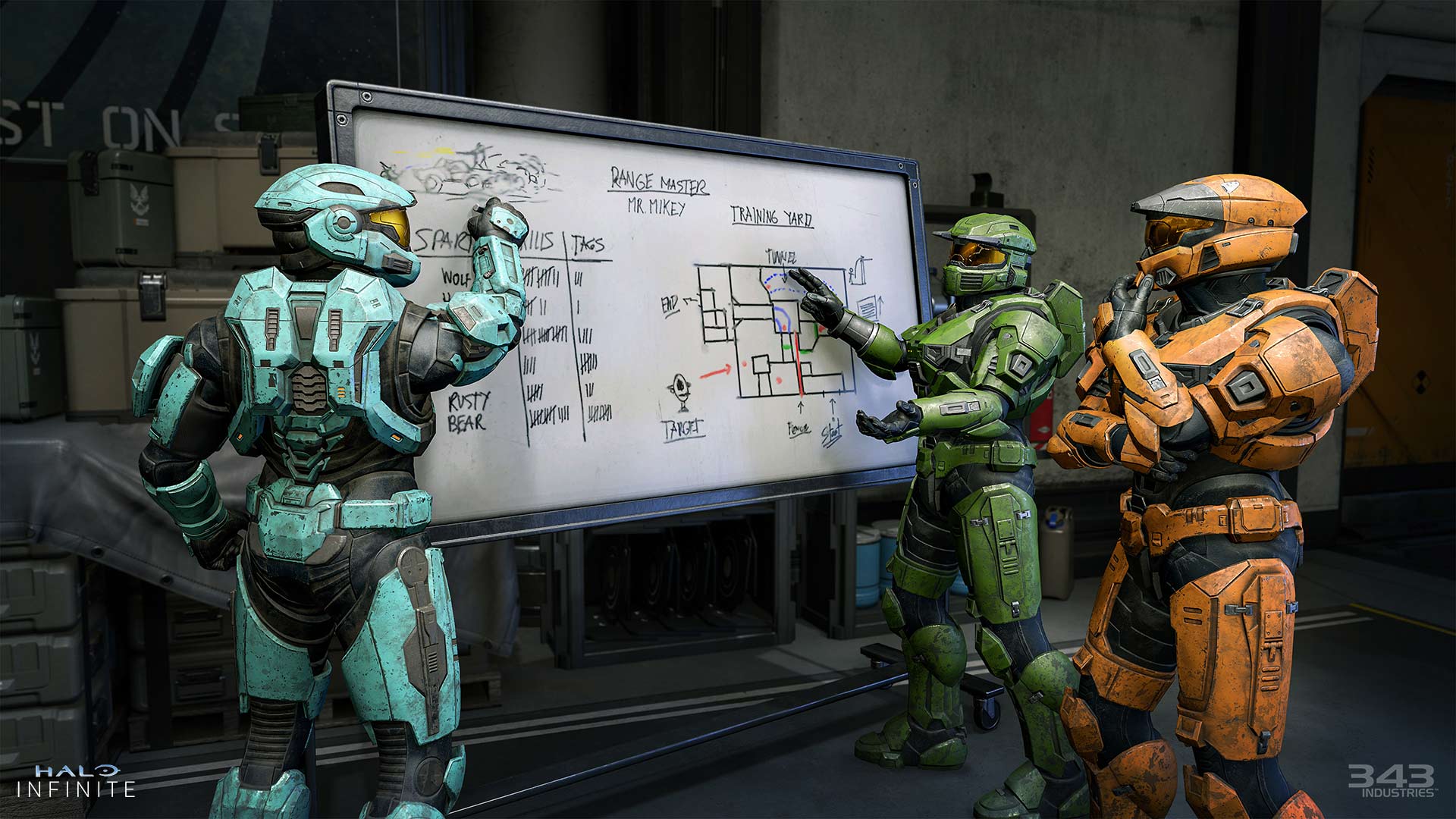 Spartans standing in front of a white board denoting the Combat Workshop.