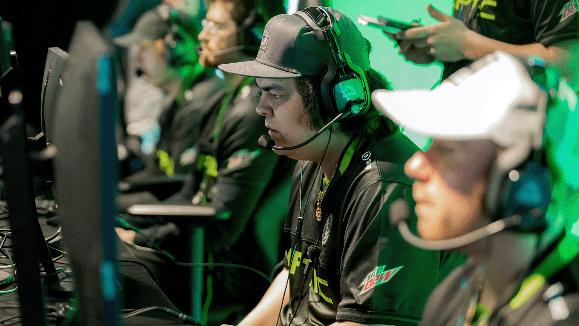 Players of team Optic Gaming competing on the HCS main stage