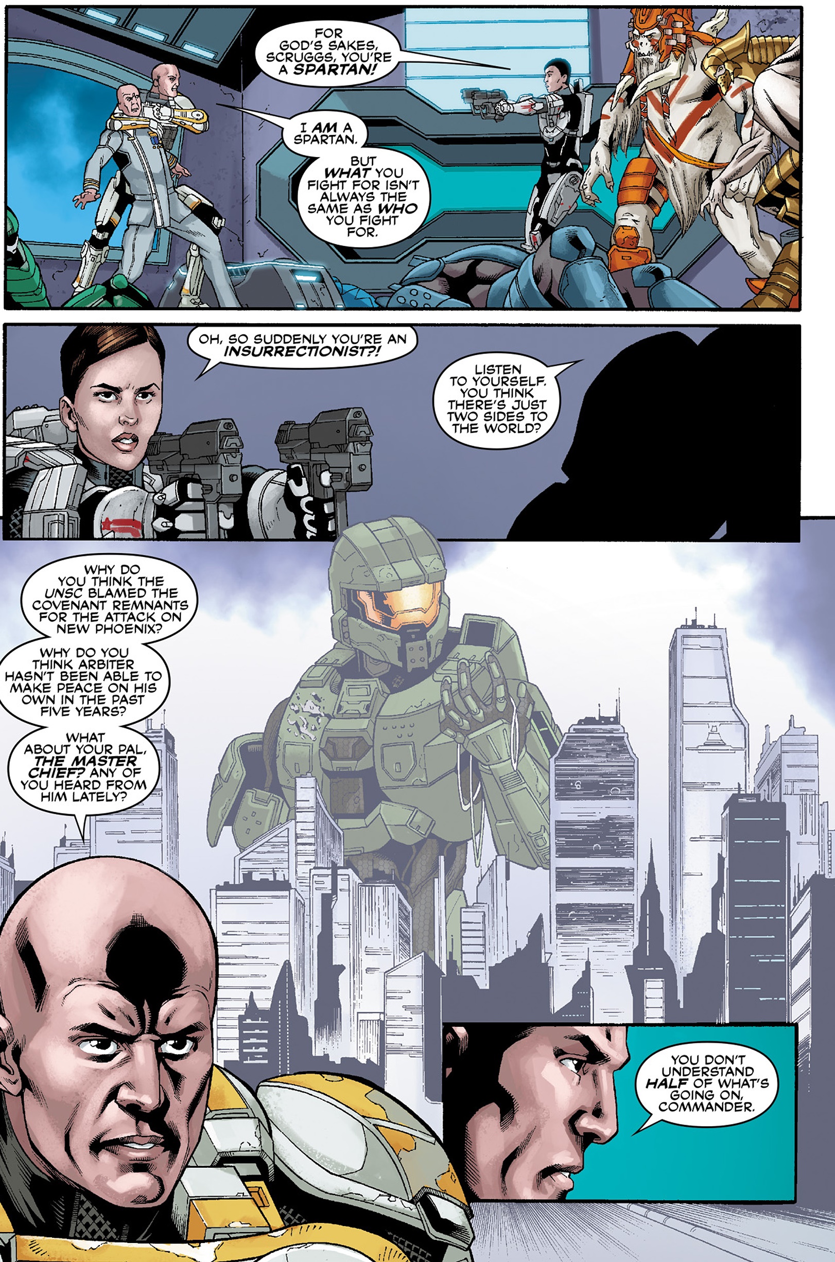 Halo: Escalation Issue #3 page depicting a showdown between Spartan Scruggs, who has taken Admiral Hood hostage, and Spartan Palmer, Chieftain Lydus, and Arbiter Thel 'Vadam