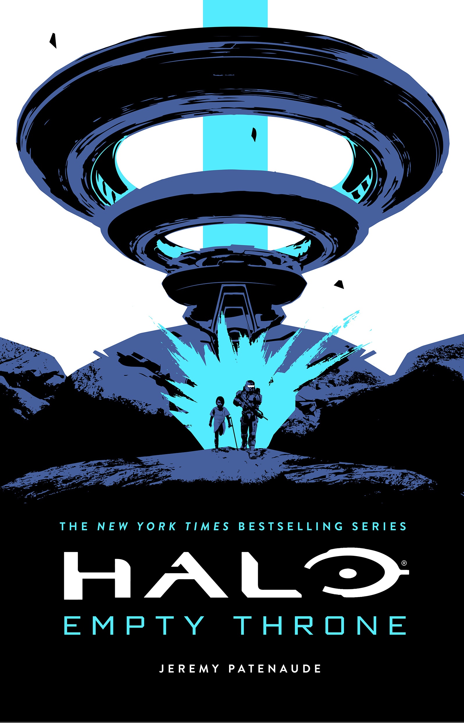 Cover art of Halo: Empty Throne illustrated by Will Staehle depicting a young girl and a Spartan emerging from a blue explosion coming from a Forerunner structure