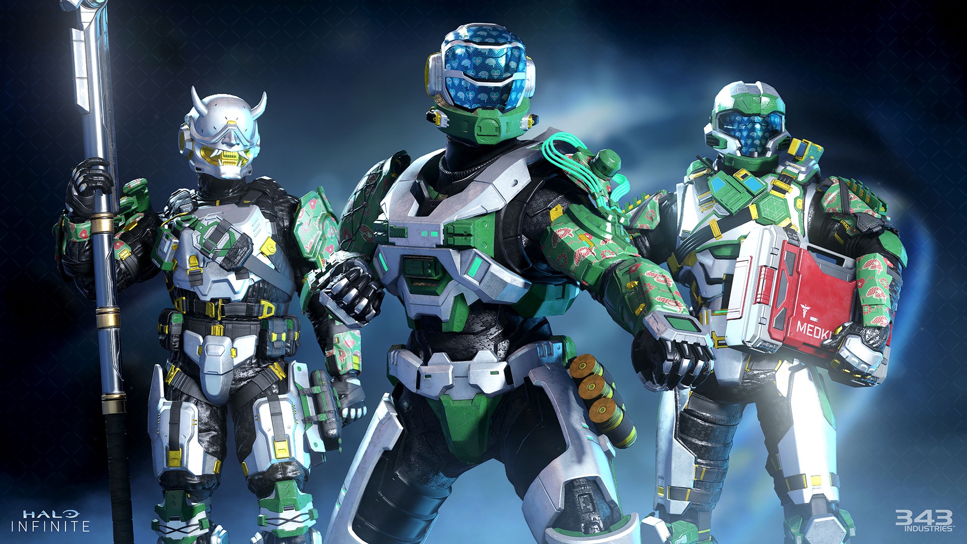 Halo infinite image of three Spartans clad in the Mental Health Awareness Month coating