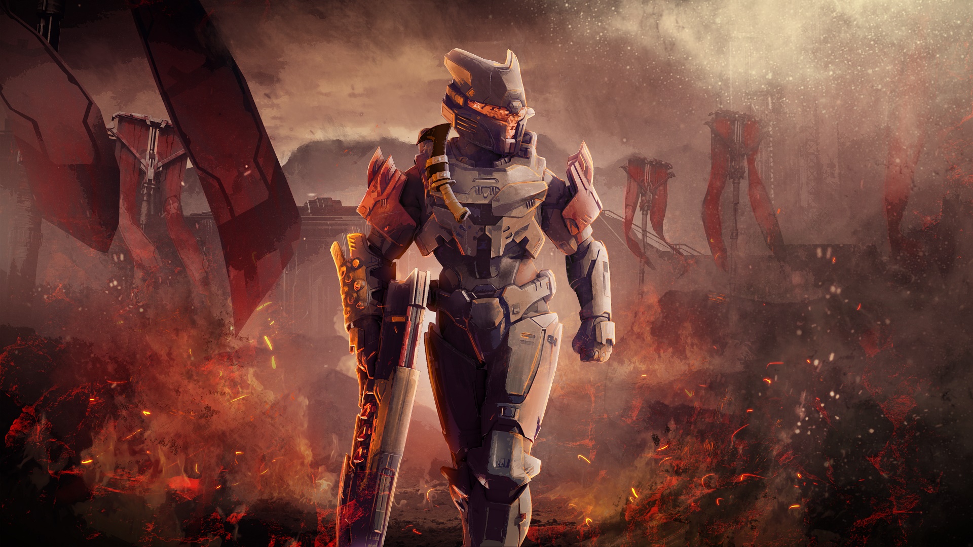 Halo: The Third Life image depicting Ilsa Zane surrounded by fire and Banished banners