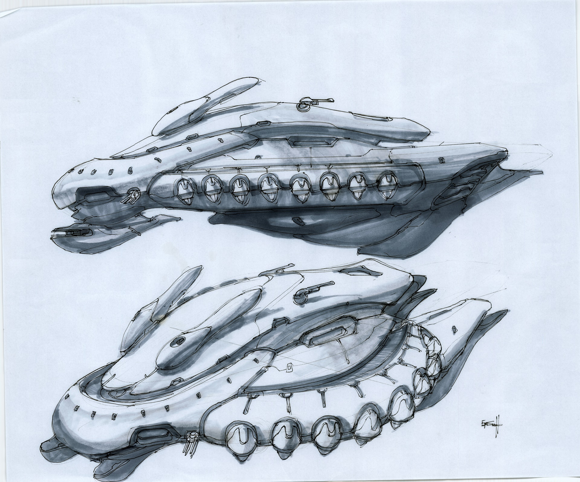 Covenant Command Shuttle with drop pod “cannons” ready to deploy troops. (Bungie concept art by Eddie Smith.)