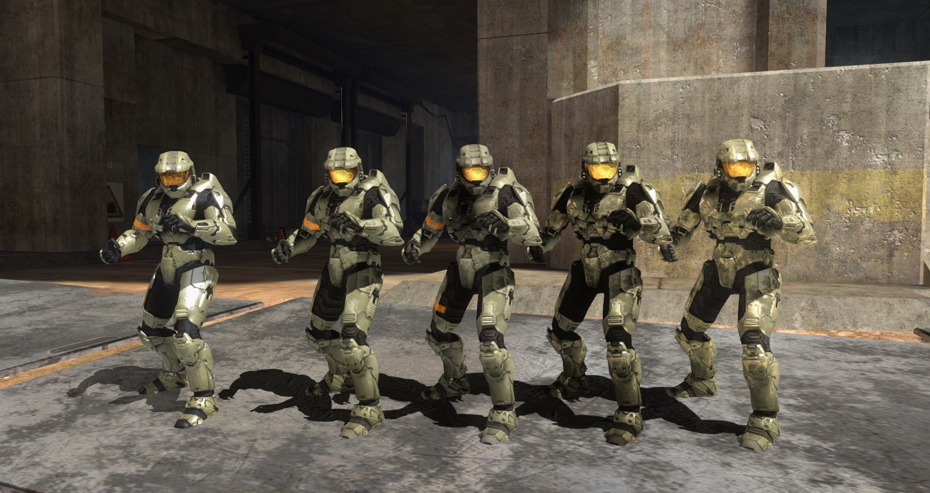 Screenshot of the Spartan model at various stages of development through Halo 3