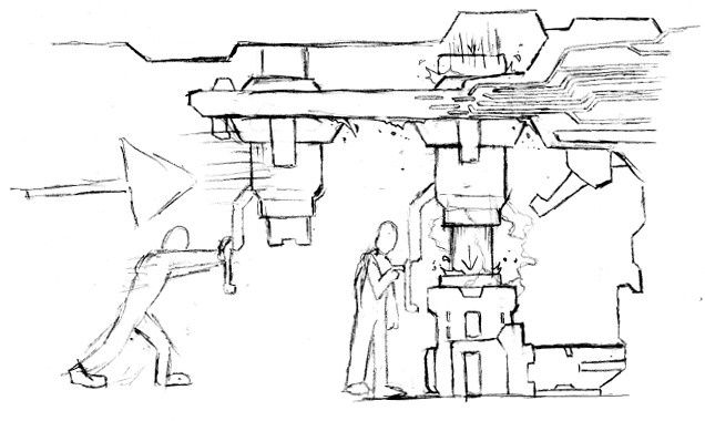 Moon base power switch/circuit breaker activation. Player pushes circuit breaker rod over giant cable lock. Player then lowers rod down, completing circuit. Power “veins” light up showing player where power is flowing around structure. (Bungie concept sketch).