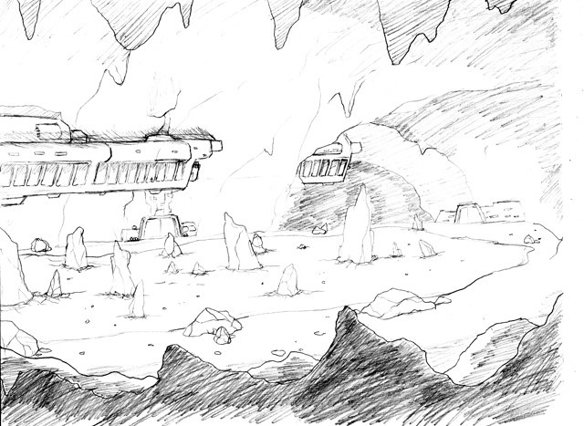 Frozen lake and Forerunner structures beneath the moon surface. Giant shards of rock and ice litter the surface. (Bungie concept sketch).