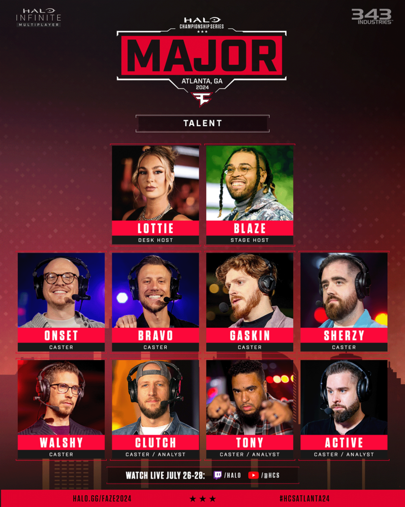 HCS Atlanta Major 2024

Talent

Lottie, Blaze, Onset, Bravo, Gaskin, Sherzy, Walshy, Clutch, Tony, and Active

Watch Live July 26-28 at Twitch.tv/Halo