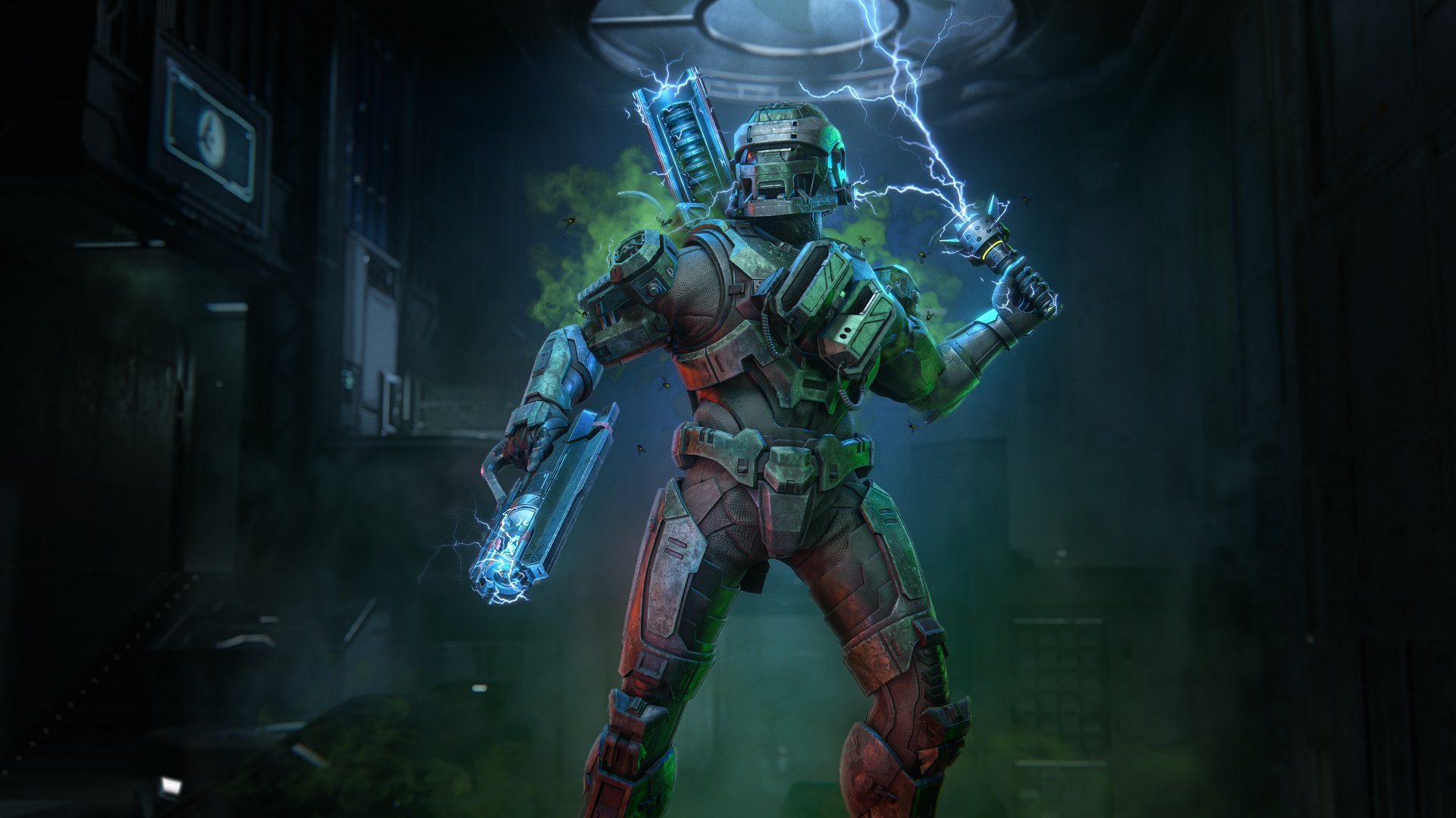 A Halloween picture of a Spartan in Spartanstein armor holding a Disruptor and a Dynamo Grenade that releases lightning