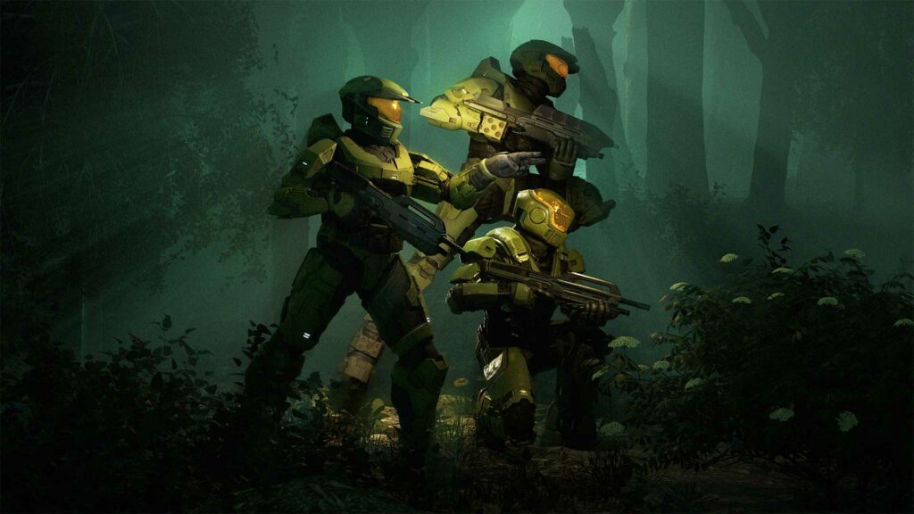 Three Spartans with assault rifles in a jungle. A replica of the cover of the novel Halo: Ghosts of Onyx.