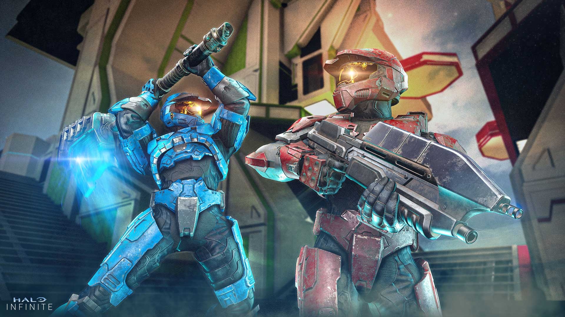 Halo Infinite playlist image for 1v1 Showdown depicting a blue Spartan with a gravity hammer and a red Spartan with an assault rifle