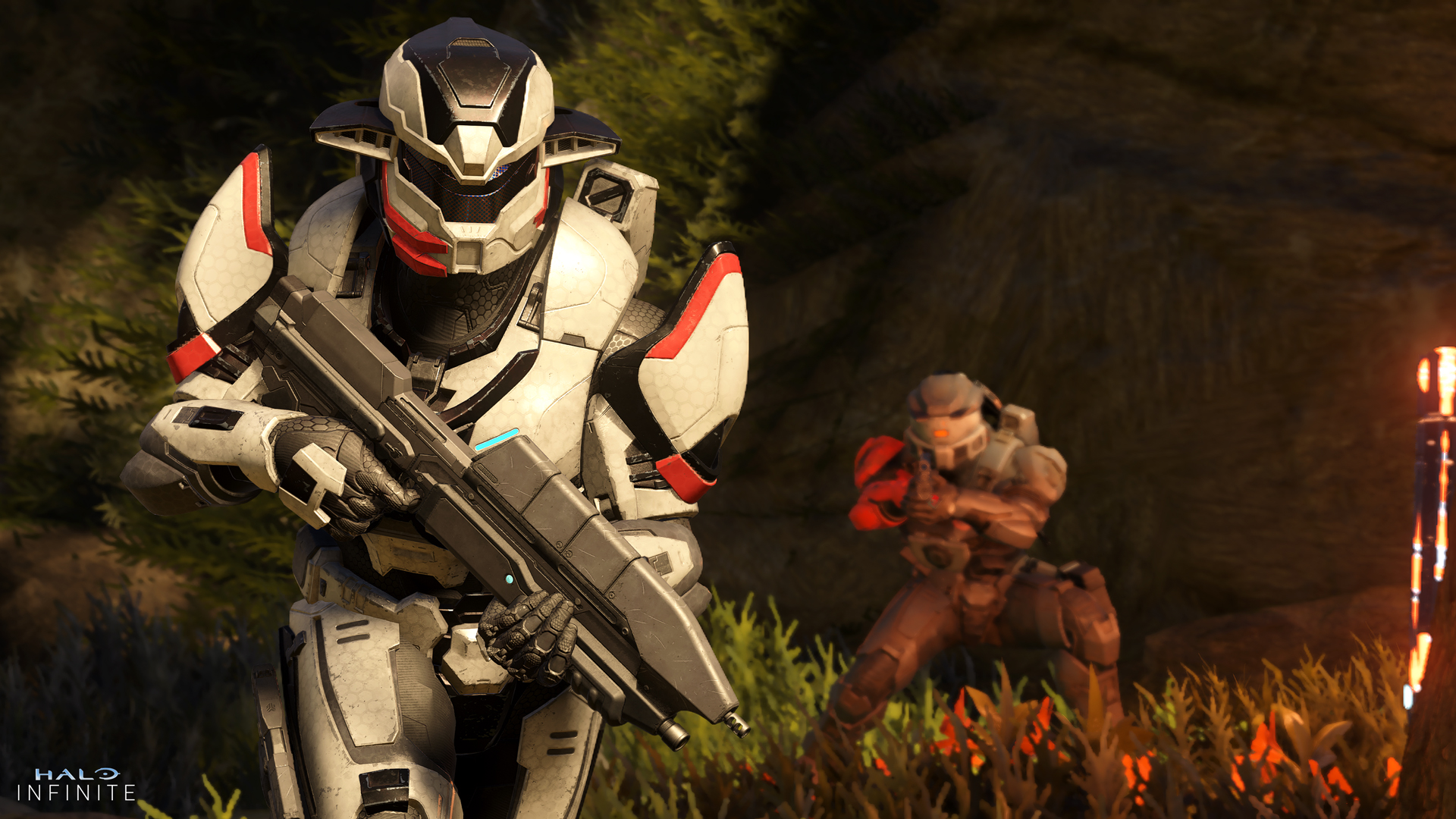 Halo Infinite screenshot of two Spartans clad in the Thremaleon and Mark V Zeta armor