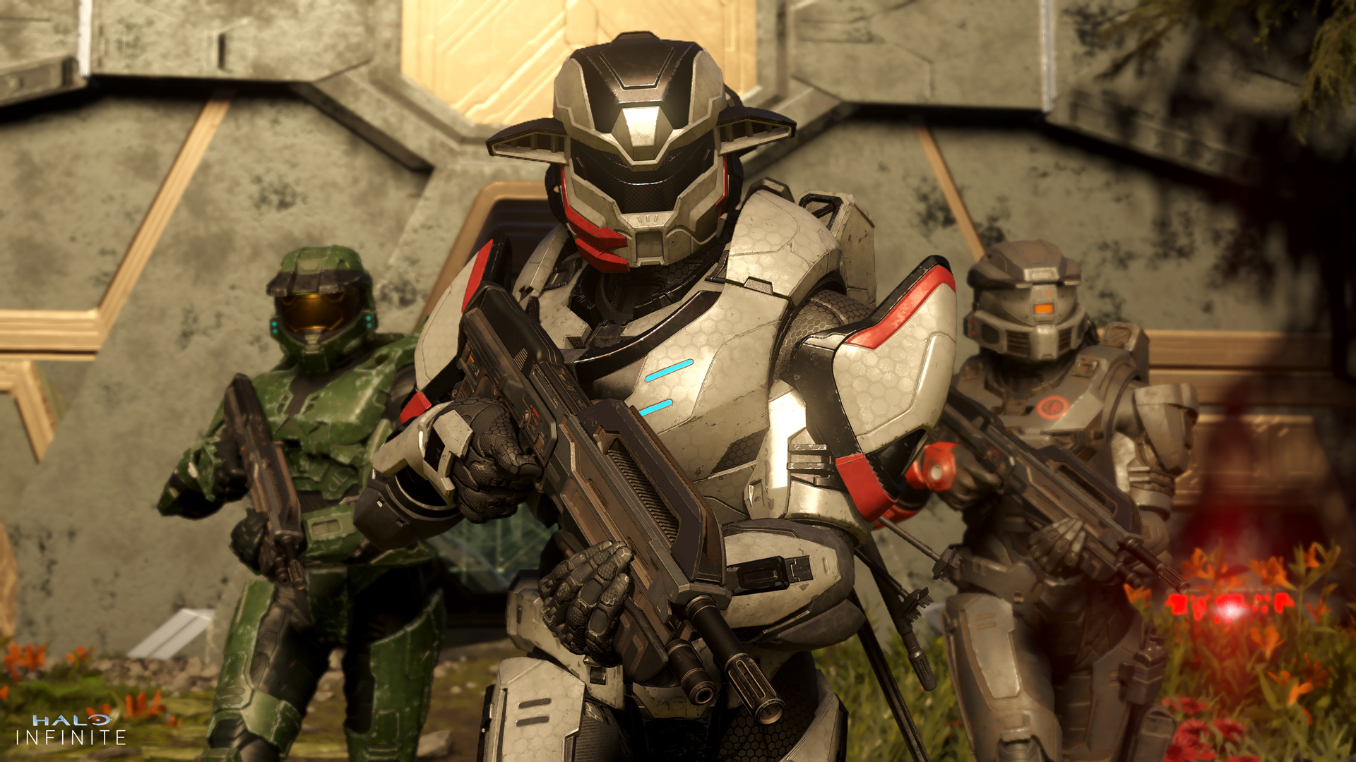 Halo Infinite screenshot of Spartans clad (from left to right) in the Master Chief Mark VI armor, Thremaleon, and Mark V Zeta