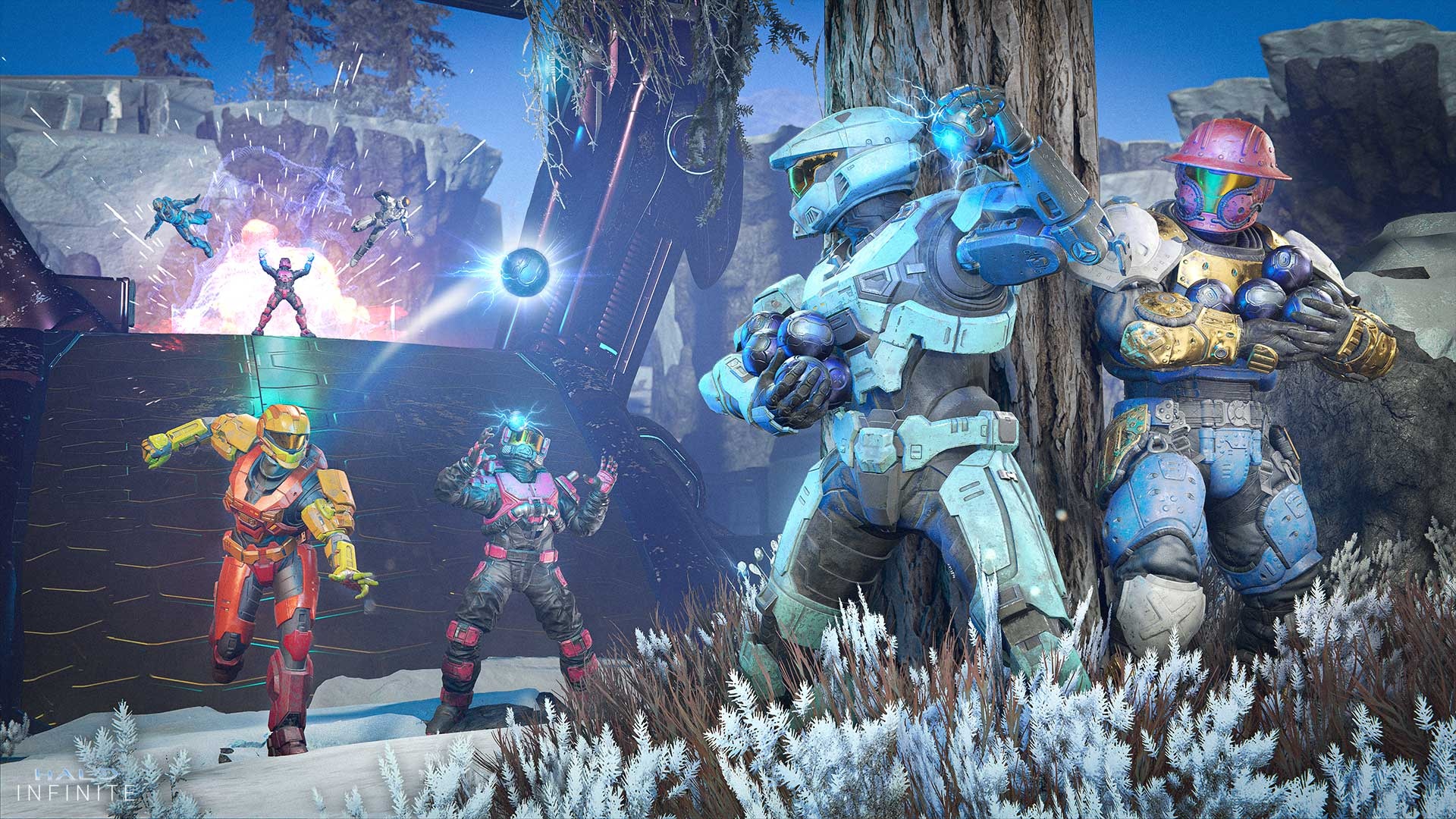 Halo Infinite playlist image for Snowball Fight depicting Spartans throwing plasma grenades at each other