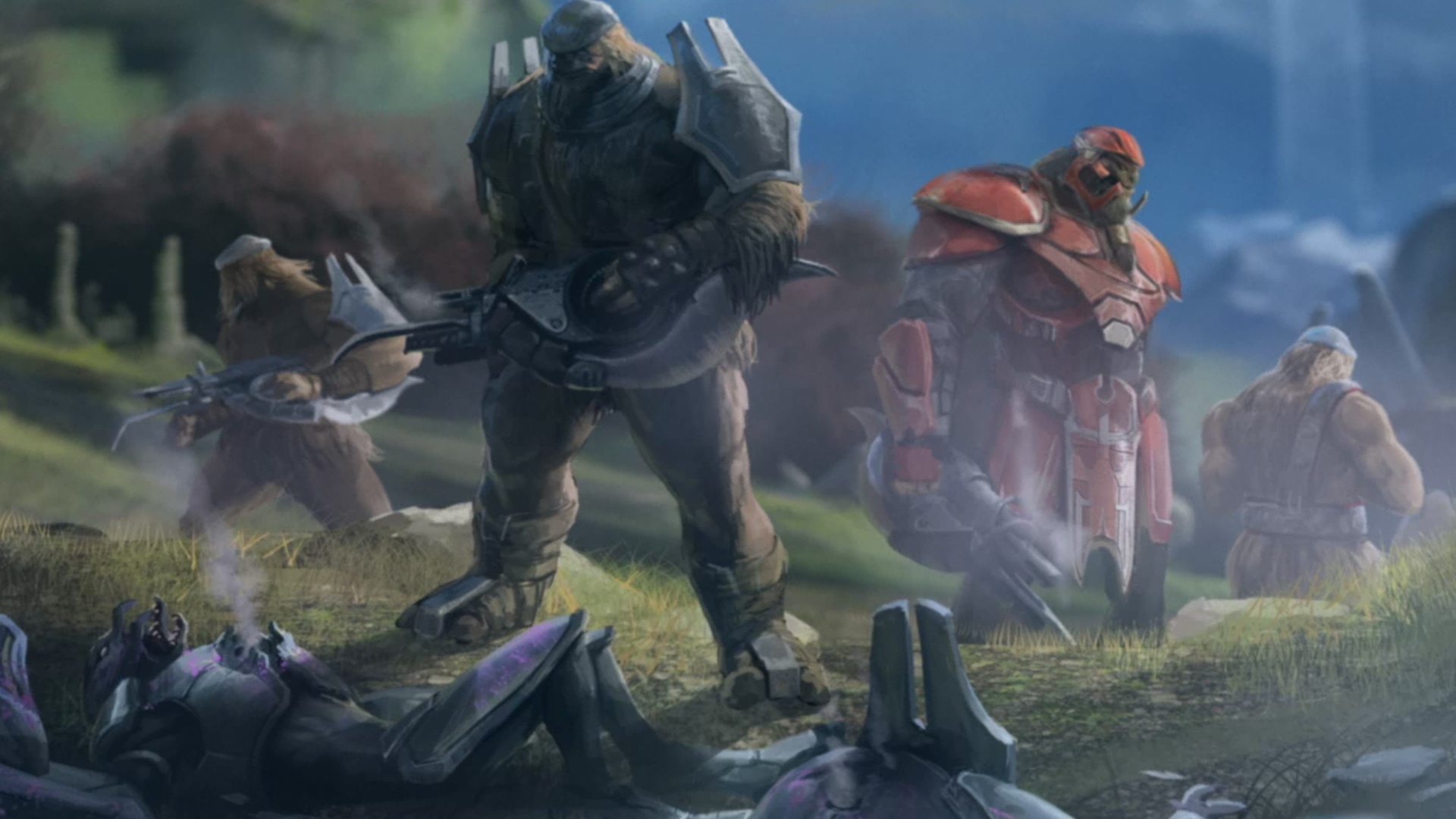 Halo 2: The Thrallslayer Memorial and a group of Jiralhanae standing over the corpses of the Sangheili Councilors