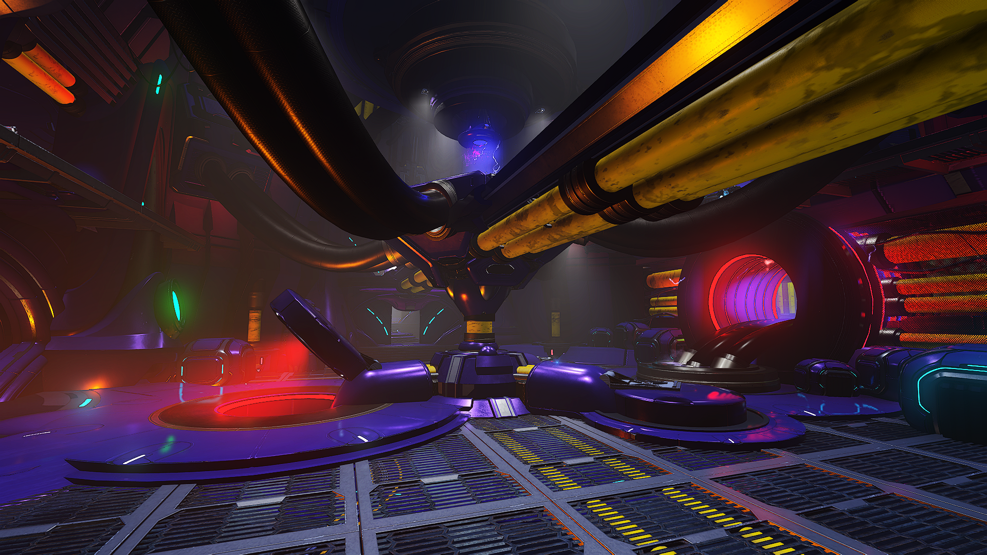 The smoke-strewn engine room of an alien mothership. Porthole-shaped doorways line the rounded walls, as thick cables snake the ceiling.