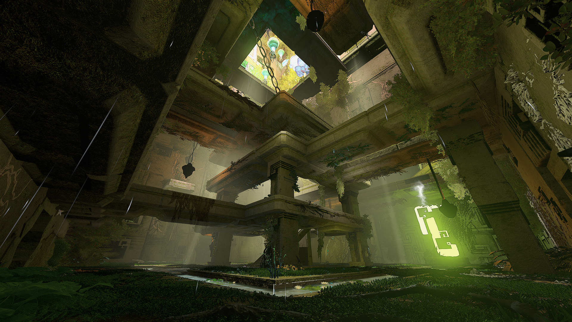 In an overgrown temple, a multi-leveled walkway climbs toward a sunlit aperture in the ceiling.