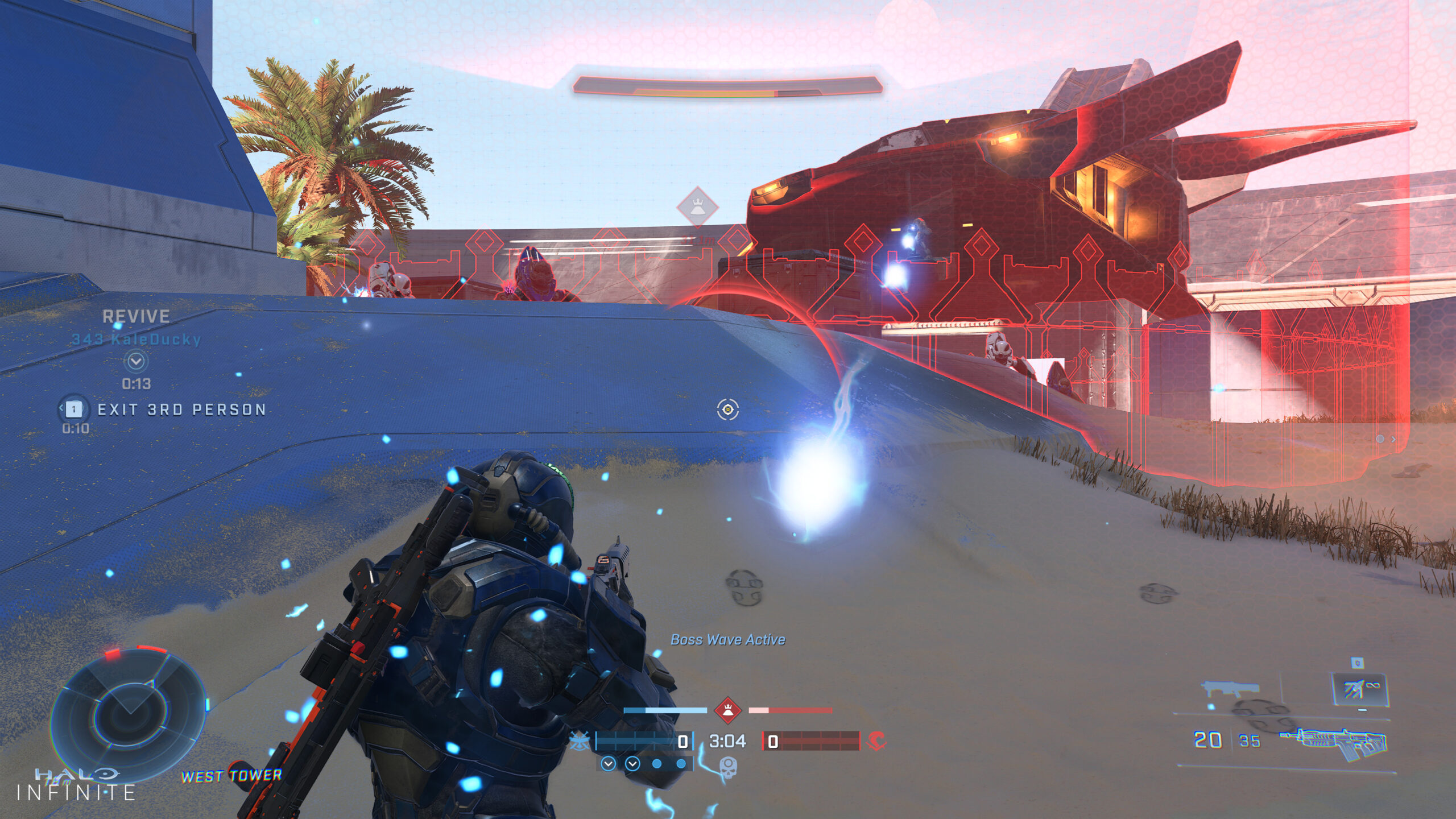 Firefight King of the Hill gameplay. A third-person view of a Spartan approaching a capture zone as an enemy Phantom descends over it. An on-screen prompt reads “[1] Exit 3rd Person,” signifying that PC players can press the “1” key to toggle perspectives.