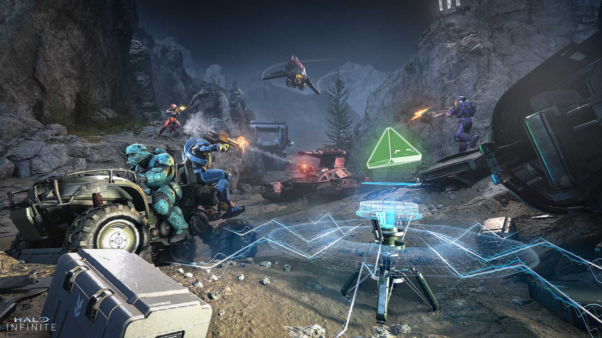 A chaotic screenshot from Big Team Battle with an Extraction zone, two Spartans on a Mongoose, and a Banshee flying overhead.