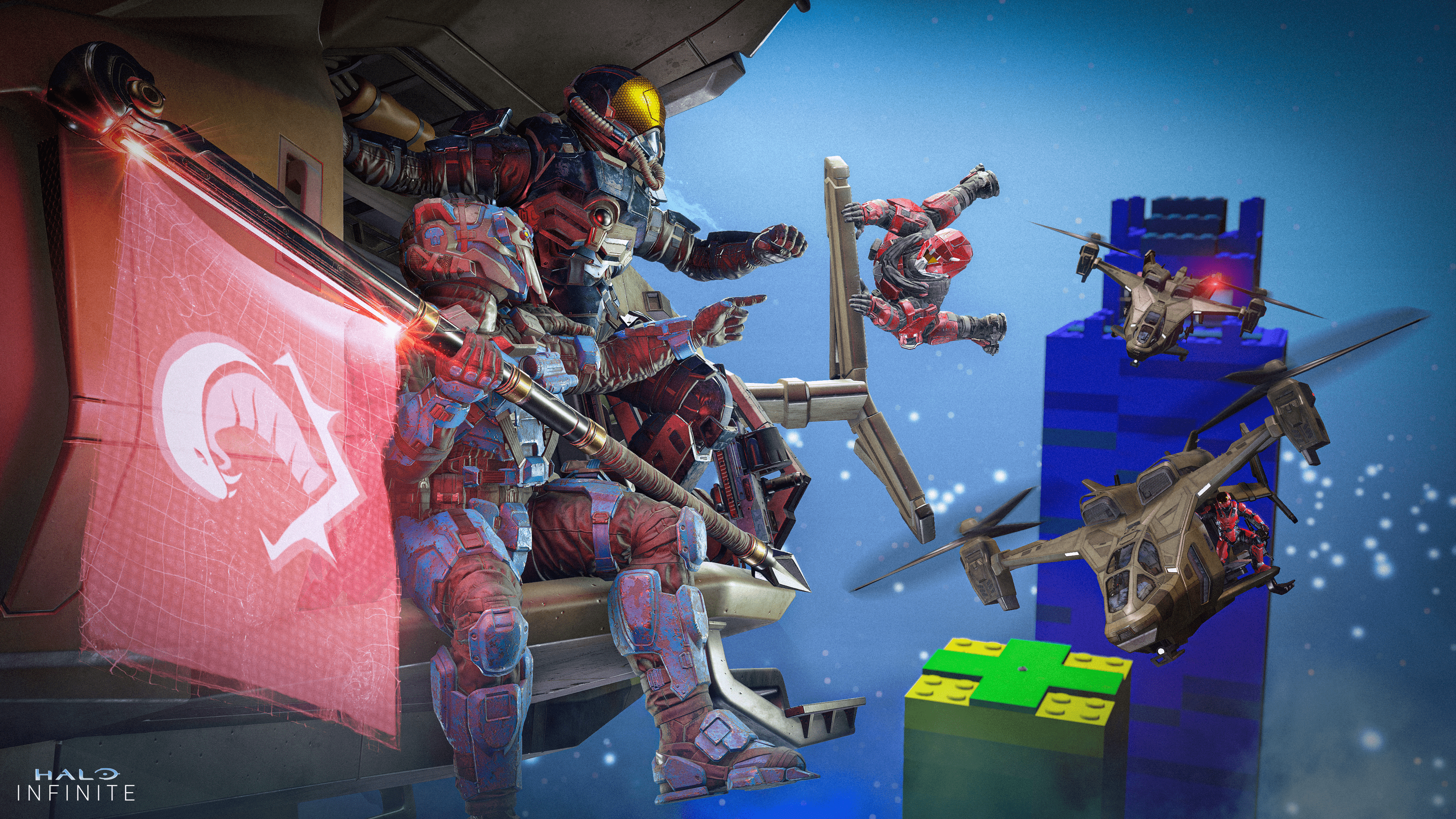 A team of blue Spartans escapes in a Falcon with the flag while two enemy Falcons pursue them. A red Spartan hangs on for dear life from the tail of the Blue Team's Falcon.