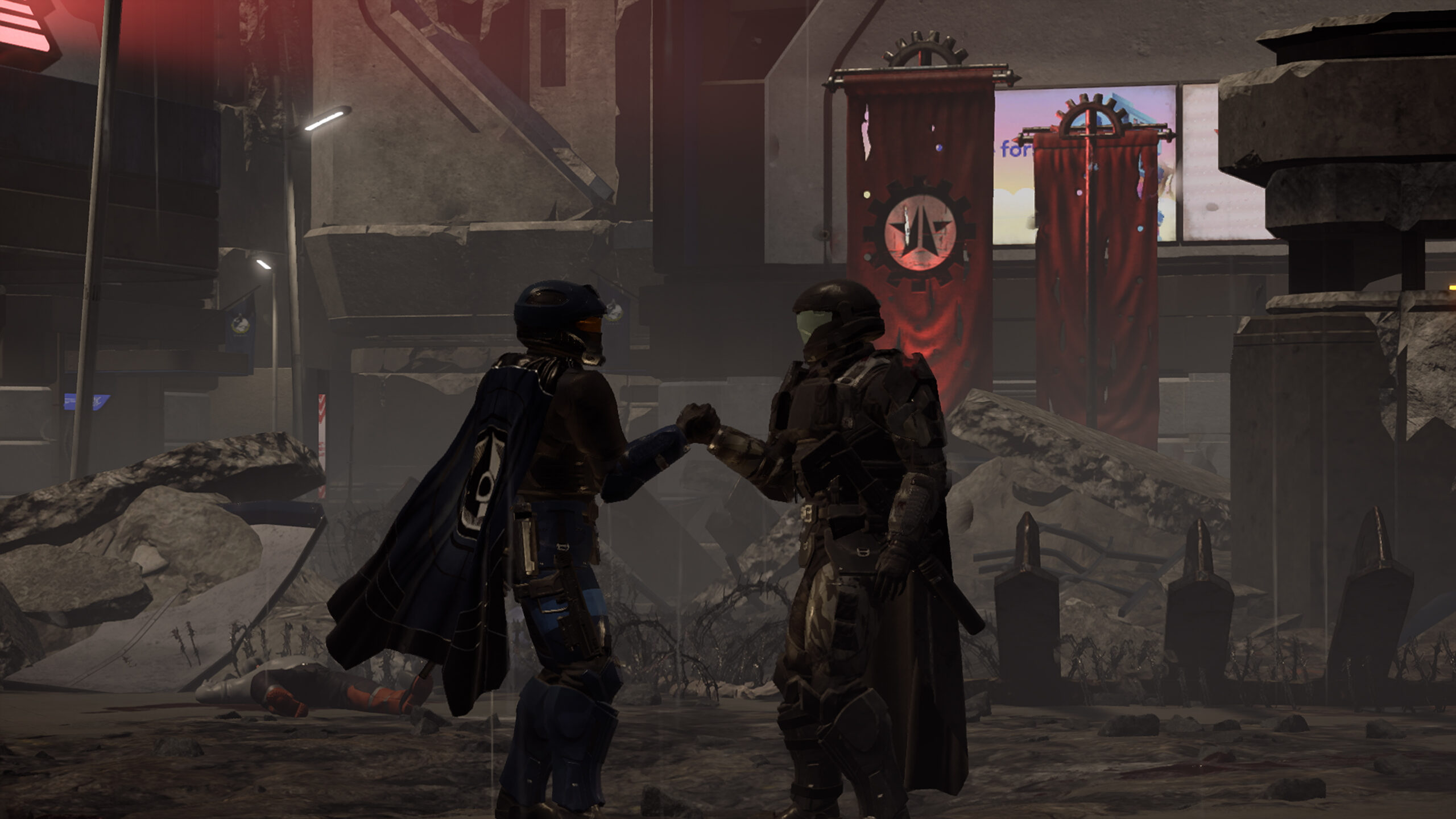 Two Helldivers clasp hands in a ruined city. They wear the A-35 Recon and A-9 Helljumper ODST armor sets.