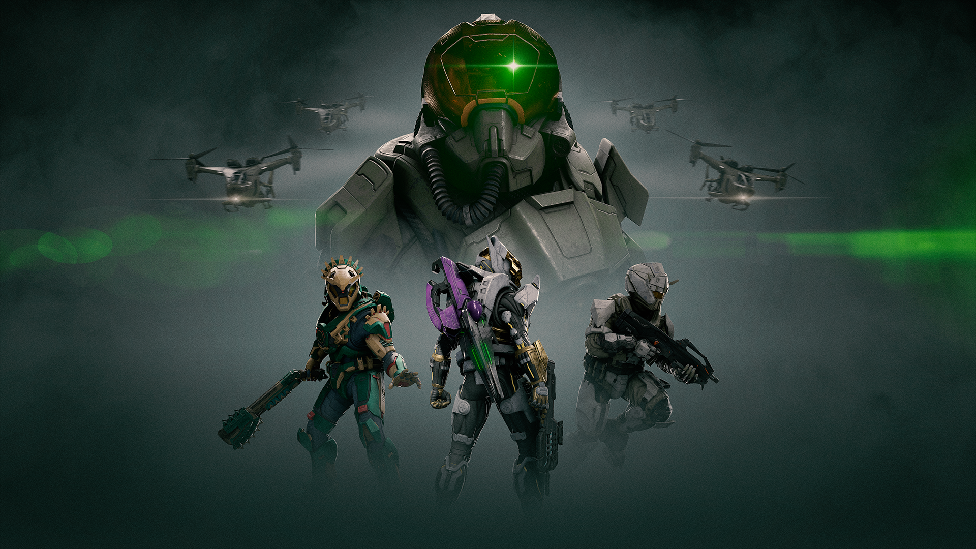 A giant Spartan in Whisper flight gear is flanked by four Falcons. Below, three smaller Spartans stand in the foreground wearing the Fire Serpent, Aristos, and Dire Wolf armor sets.