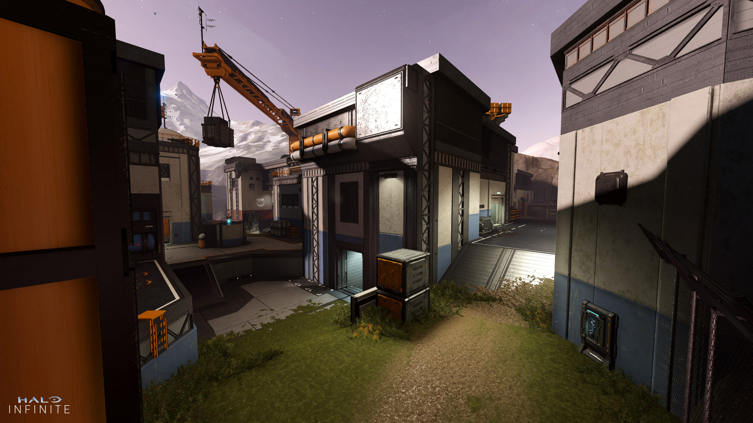 Ecotone map. An industrial arena filled with crates and loading bays. A crane looms overhead.